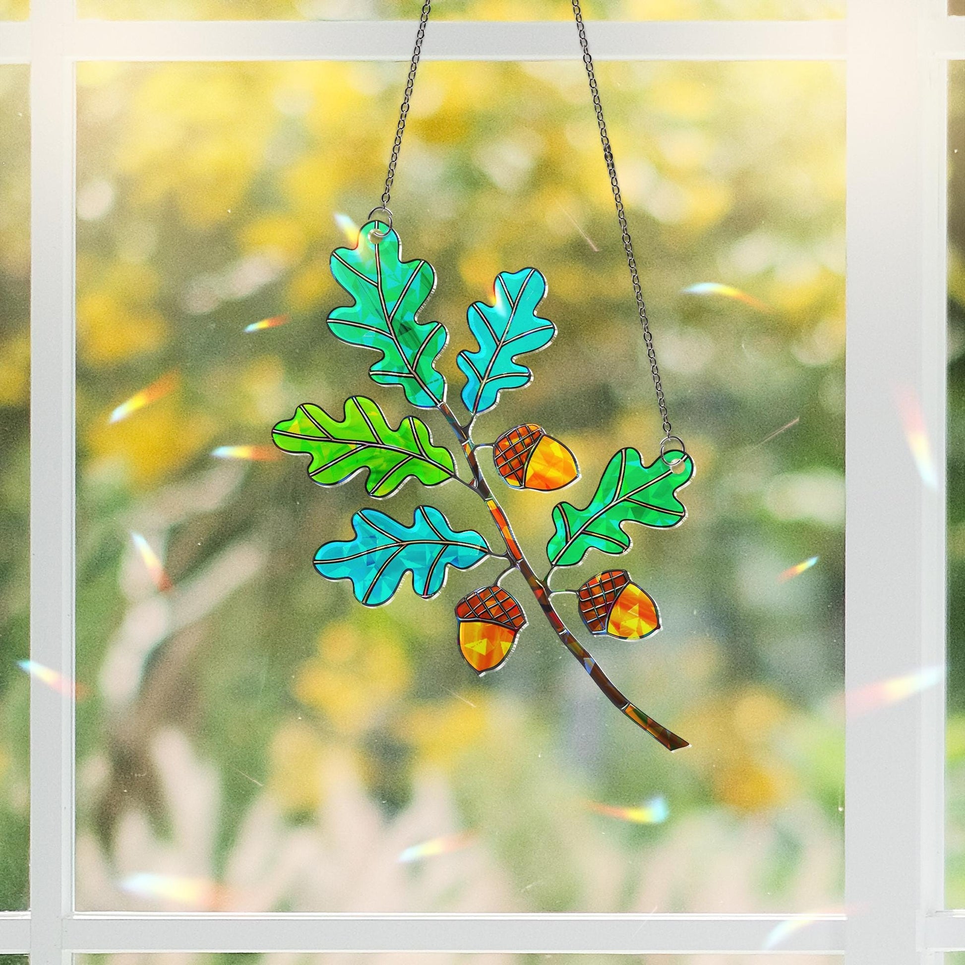 Stained Glass Oak Leaves and Acorns Suncatcher – Autumn Window Decor Nature Gift