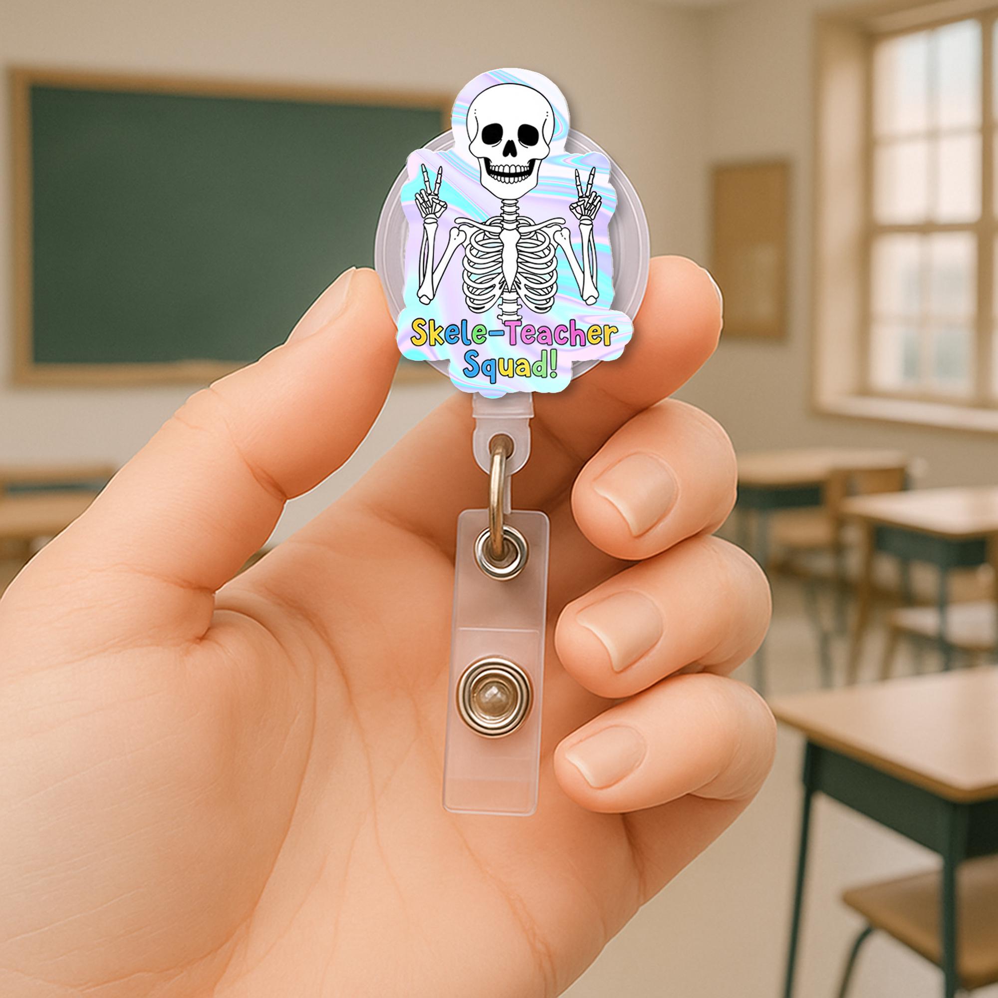 Skele Teacher Squad Badge Reel, Halloween Teacher Badge Holder, Skeleton Retractable ID Badge, Fun Teacher Gift, Spooky School Accessory