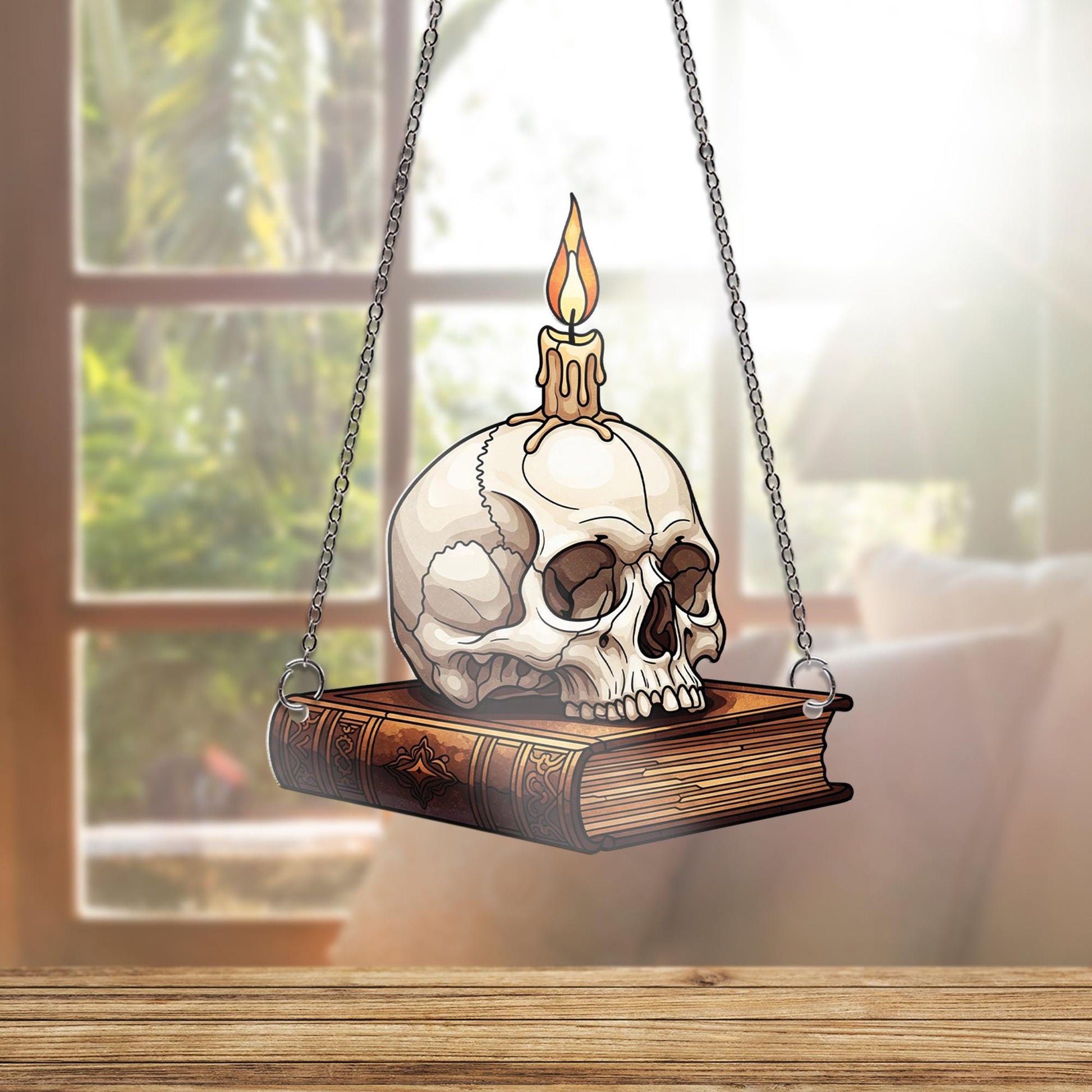 Faux Stained Glass Skull and Book Window Hanging – Gothic Candle Decor, Spooky Halloween Sun Catcher, Horror Library Art Gift