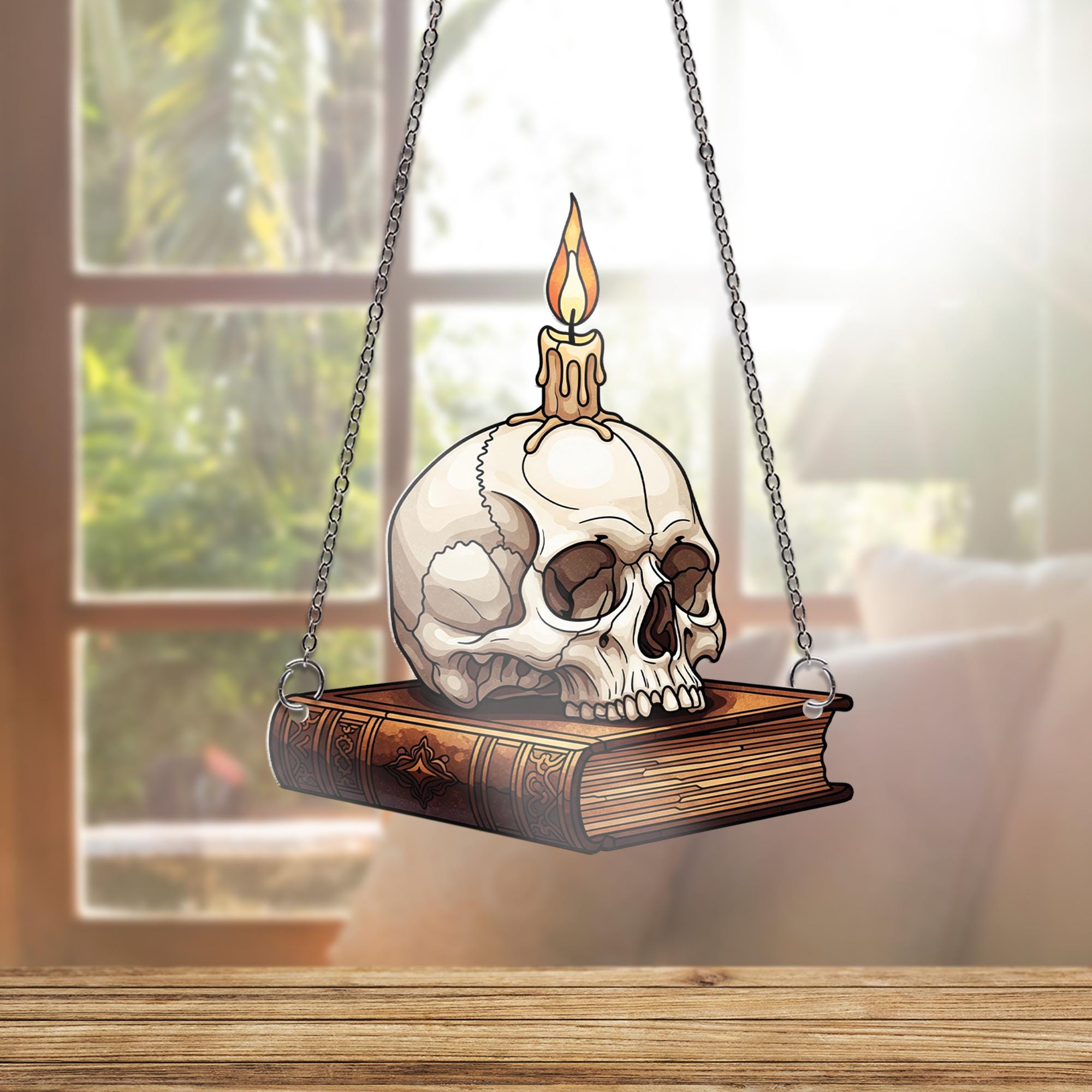Faux Stained Glass Skull and Book Window Hanging – Gothic Candle Decor, Spooky Halloween Sun Catcher, Horror Library Art Gift