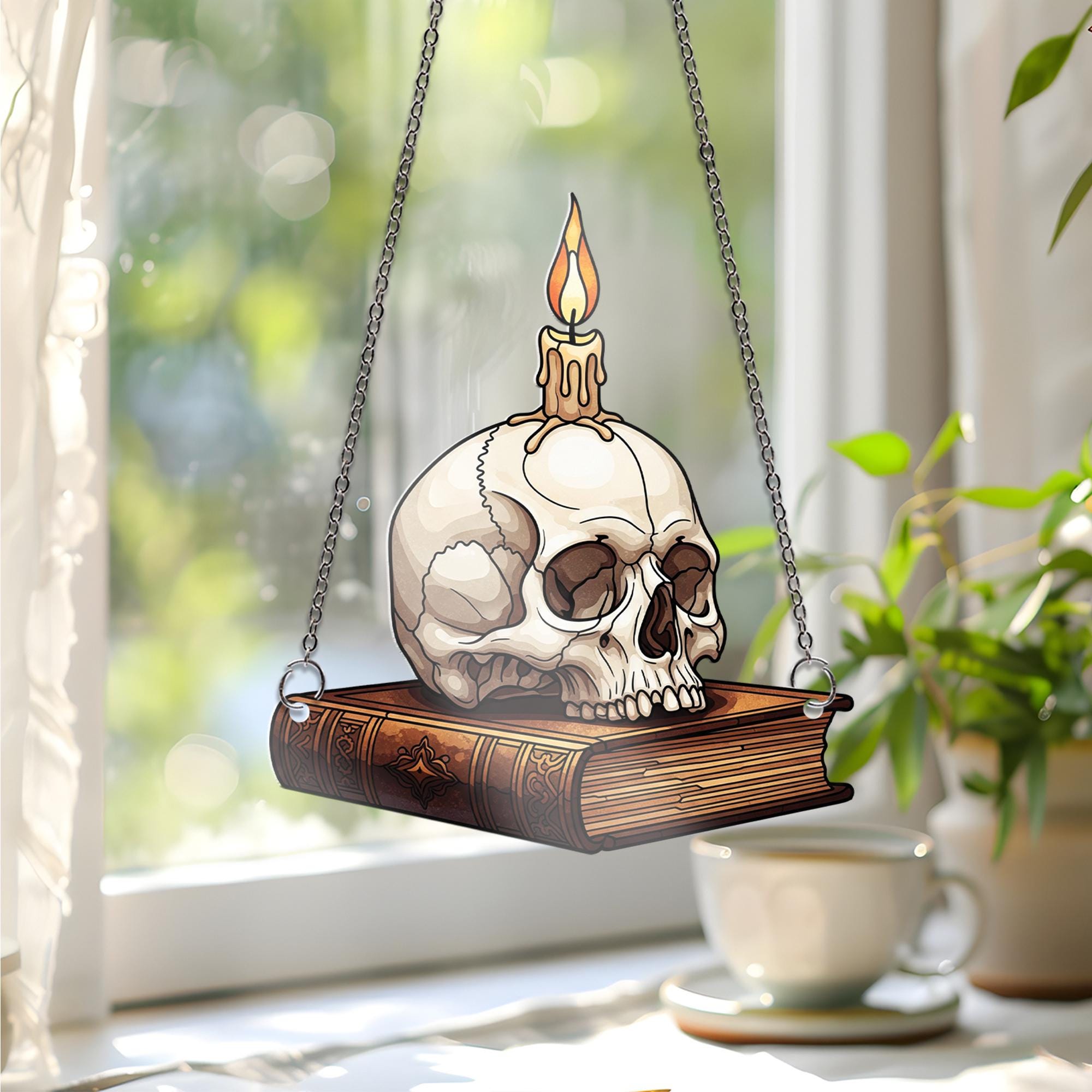 Faux Stained Glass Skull and Book Window Hanging – Gothic Candle Decor, Spooky Halloween Sun Catcher, Horror Library Art Gift