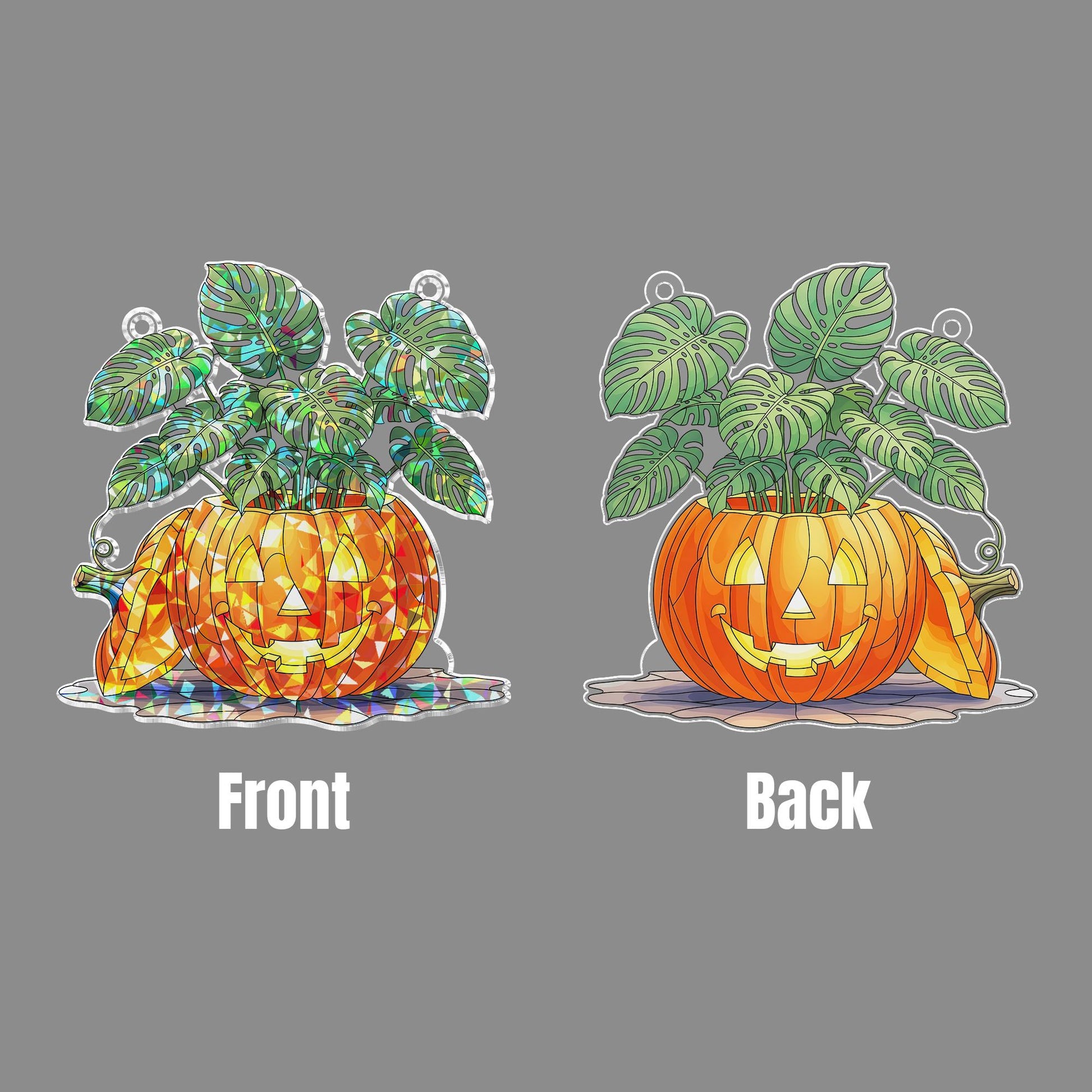 Pumpkin Monstera Stained Glass Suncatcher – Halloween Plant Decor Window Hanging