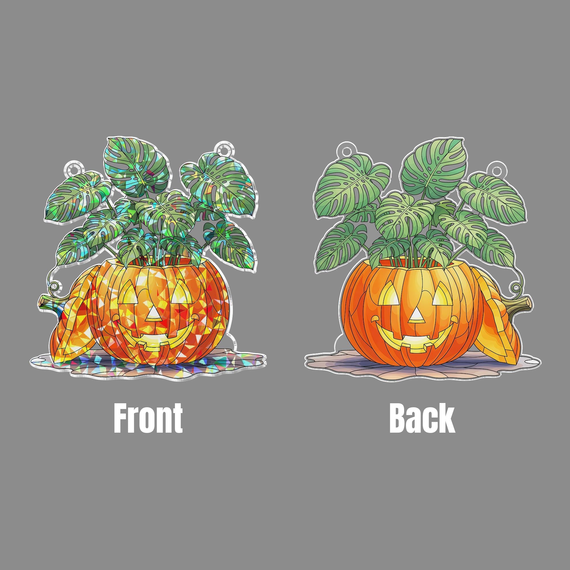 Pumpkin Monstera Stained Glass Suncatcher – Halloween Plant Decor Window Hanging