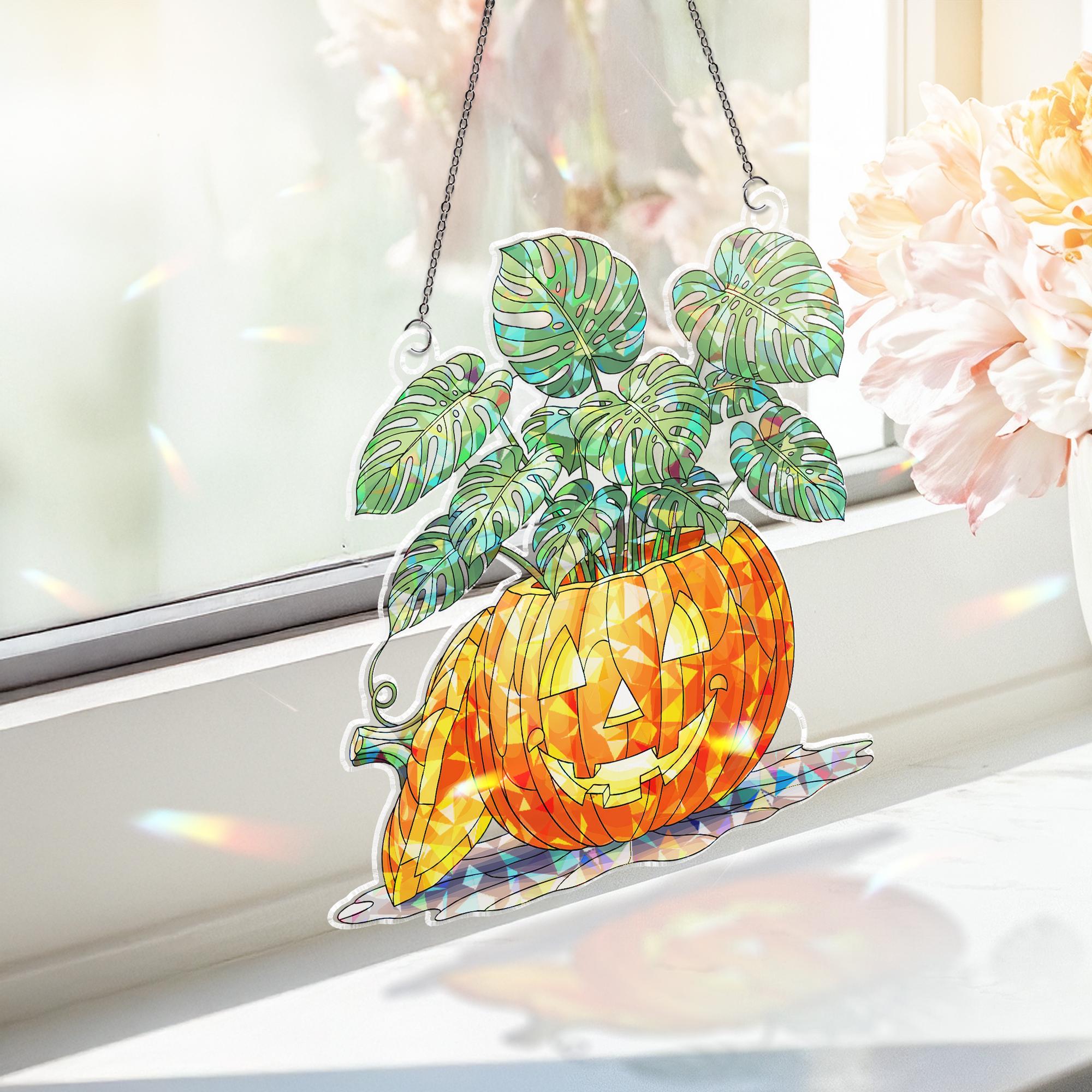 Pumpkin Monstera Stained Glass Suncatcher – Halloween Plant Decor Window Hanging