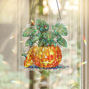 Pumpkin Monstera Stained Glass Suncatcher – Halloween Plant Decor Window Hanging