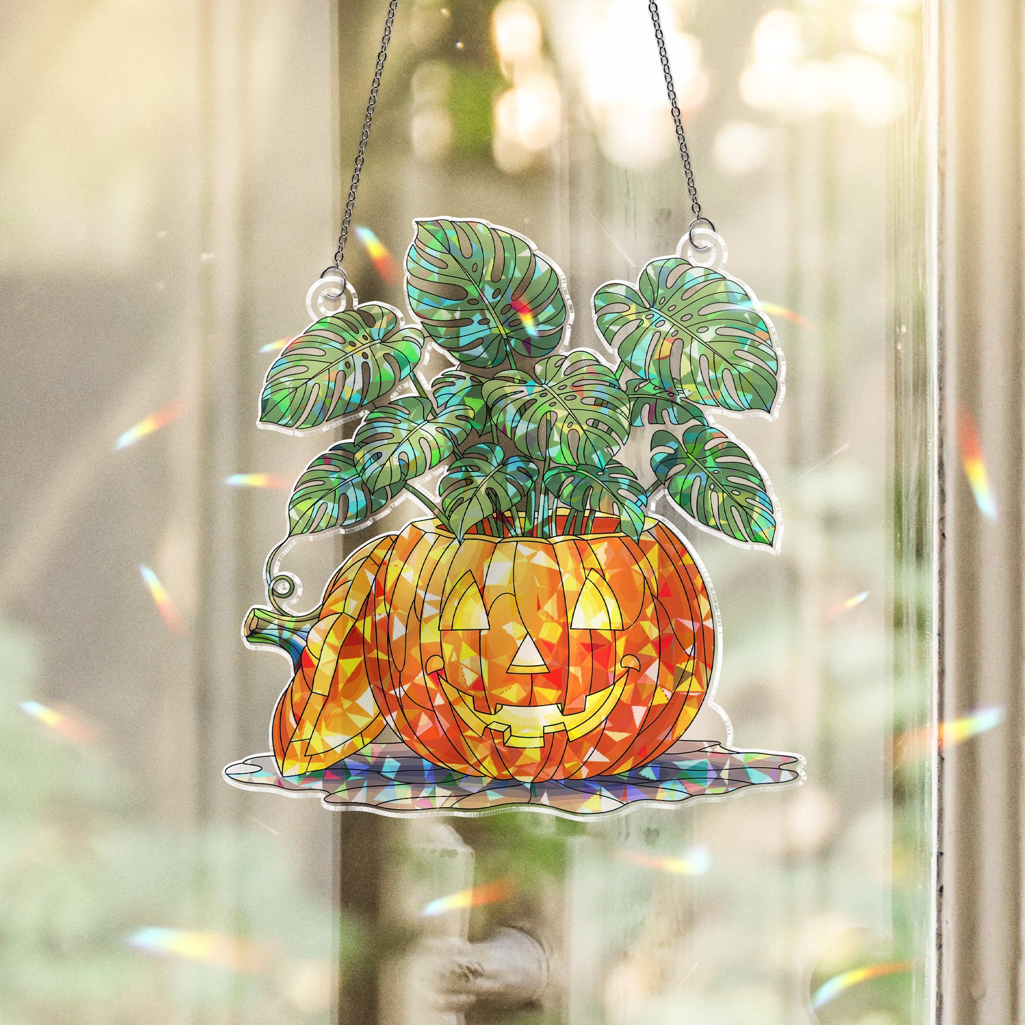 Pumpkin Monstera Stained Glass Suncatcher – Halloween Plant Decor Window Hanging