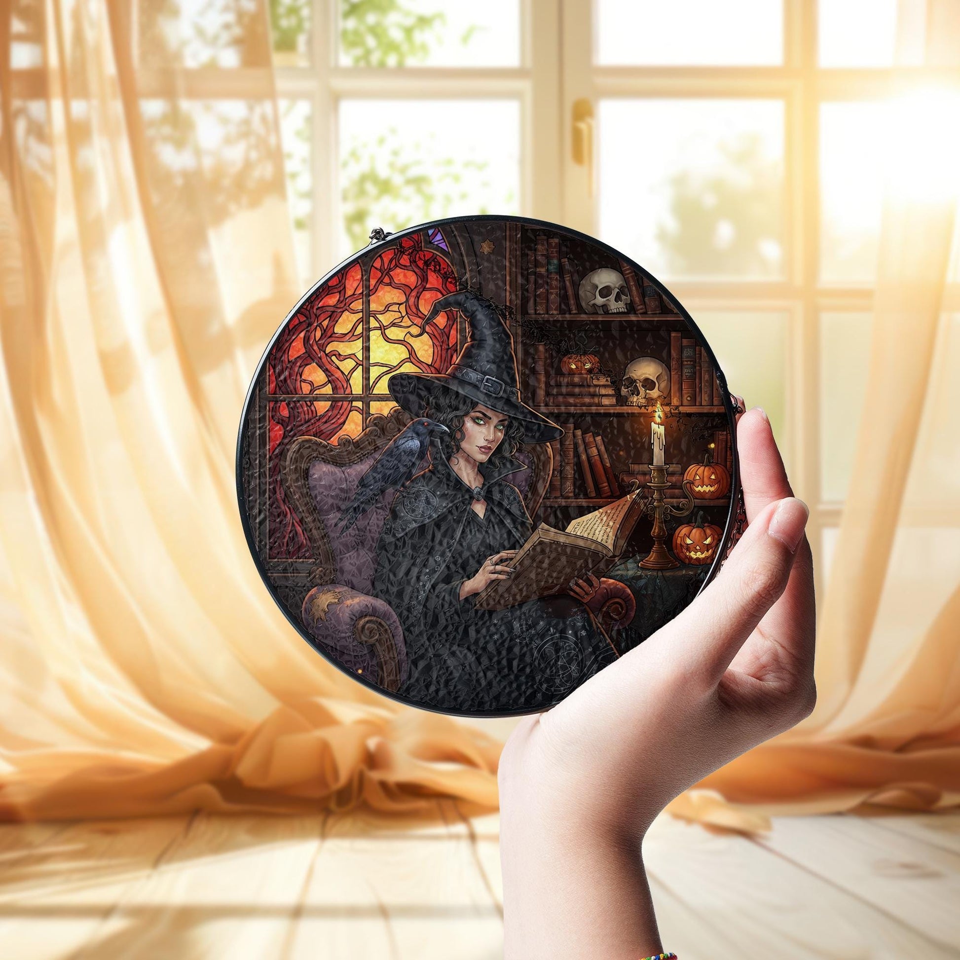 Witch Stained Glass Suncatcher – Gothic Halloween Window Decor with Raven & Books