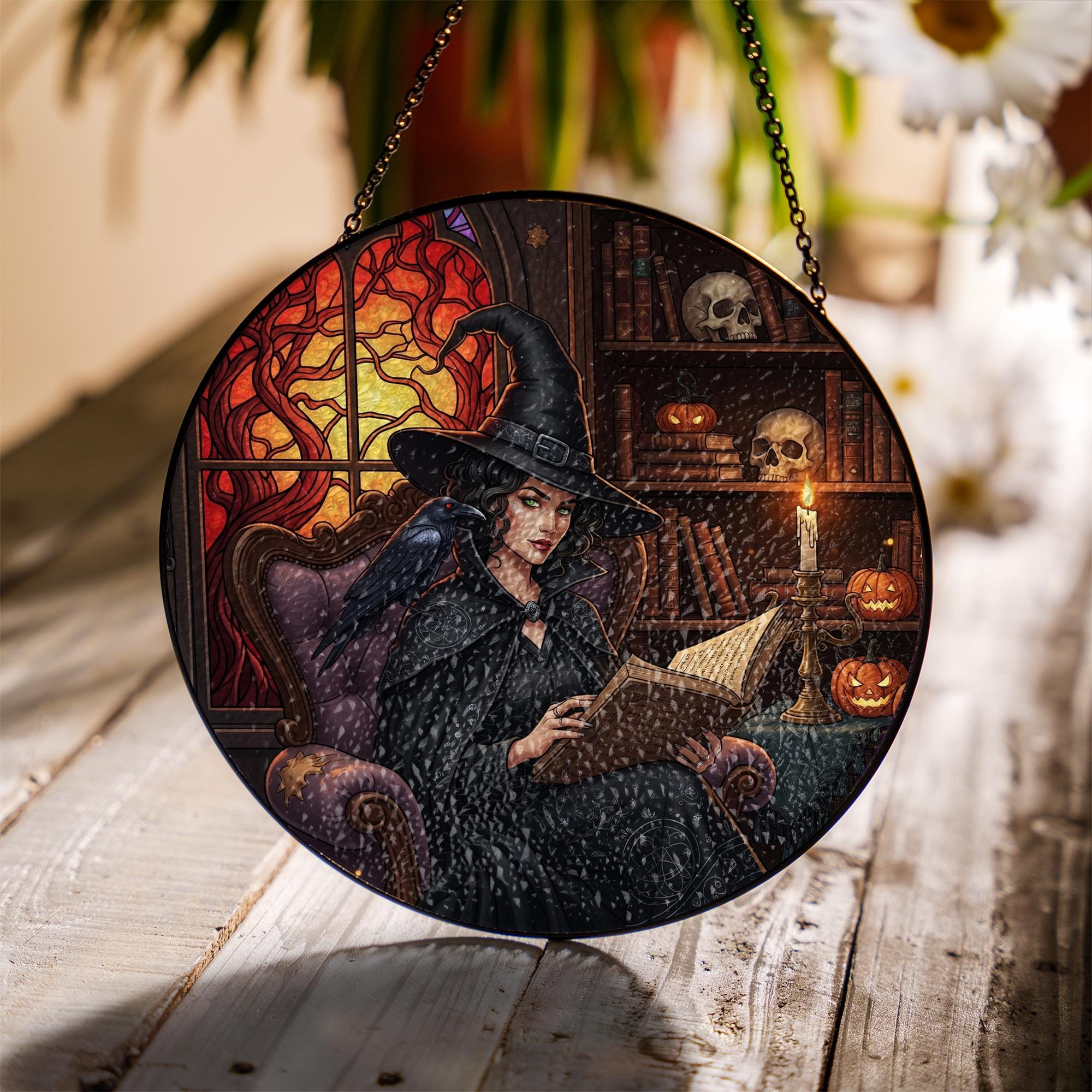 Witch Stained Glass Suncatcher – Gothic Halloween Window Decor with Raven & Books
