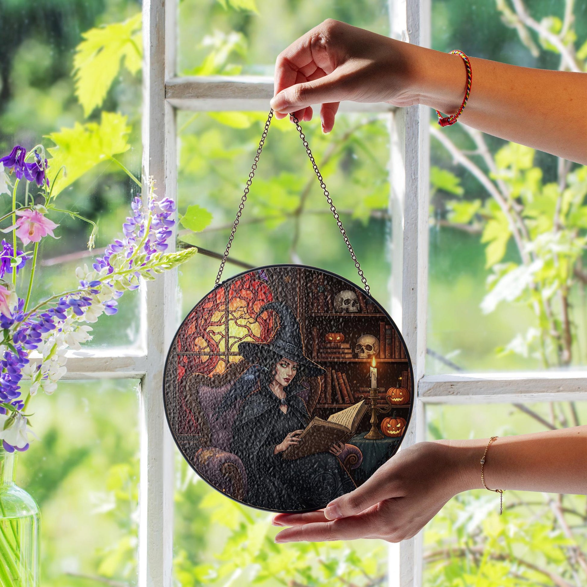 Witch Stained Glass Suncatcher – Gothic Halloween Window Decor with Raven & Books