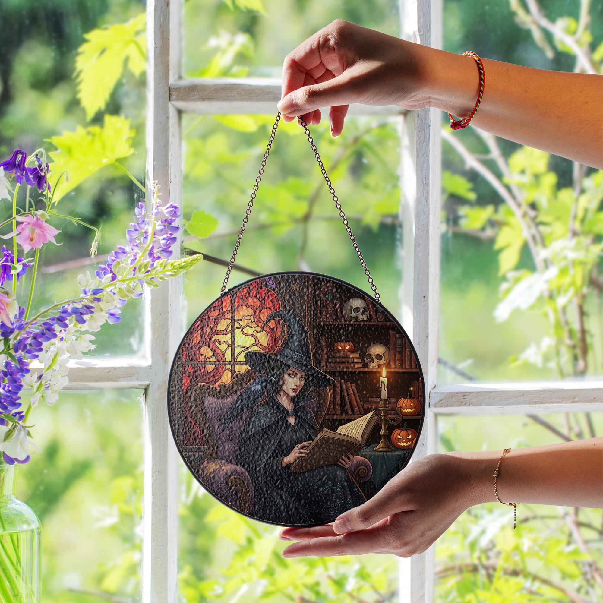 Witch Stained Glass Suncatcher – Gothic Halloween Window Decor with Raven & Books