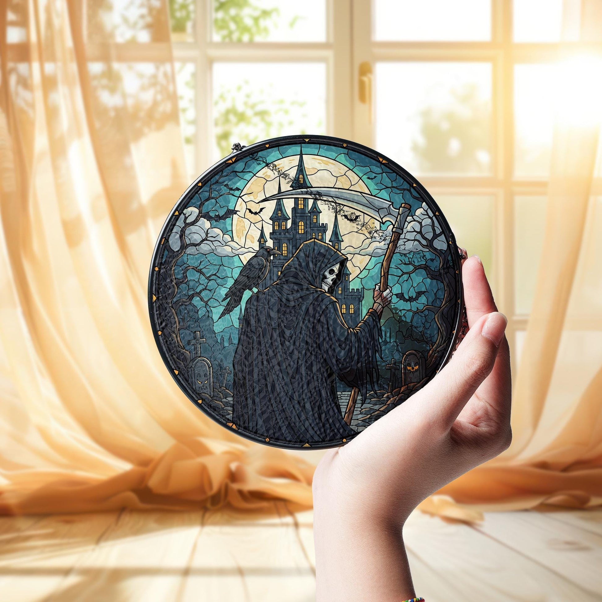 Grim Reaper Stained Glass Suncatcher, Halloween Decor Window Hanging, Gothic Home Art, Spooky Castle & Moon Design