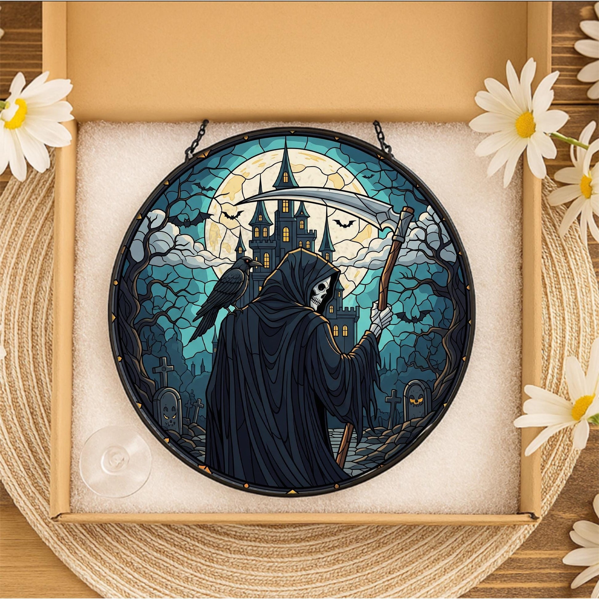 Grim Reaper Stained Glass Suncatcher, Halloween Decor Window Hanging, Gothic Home Art, Spooky Castle & Moon Design