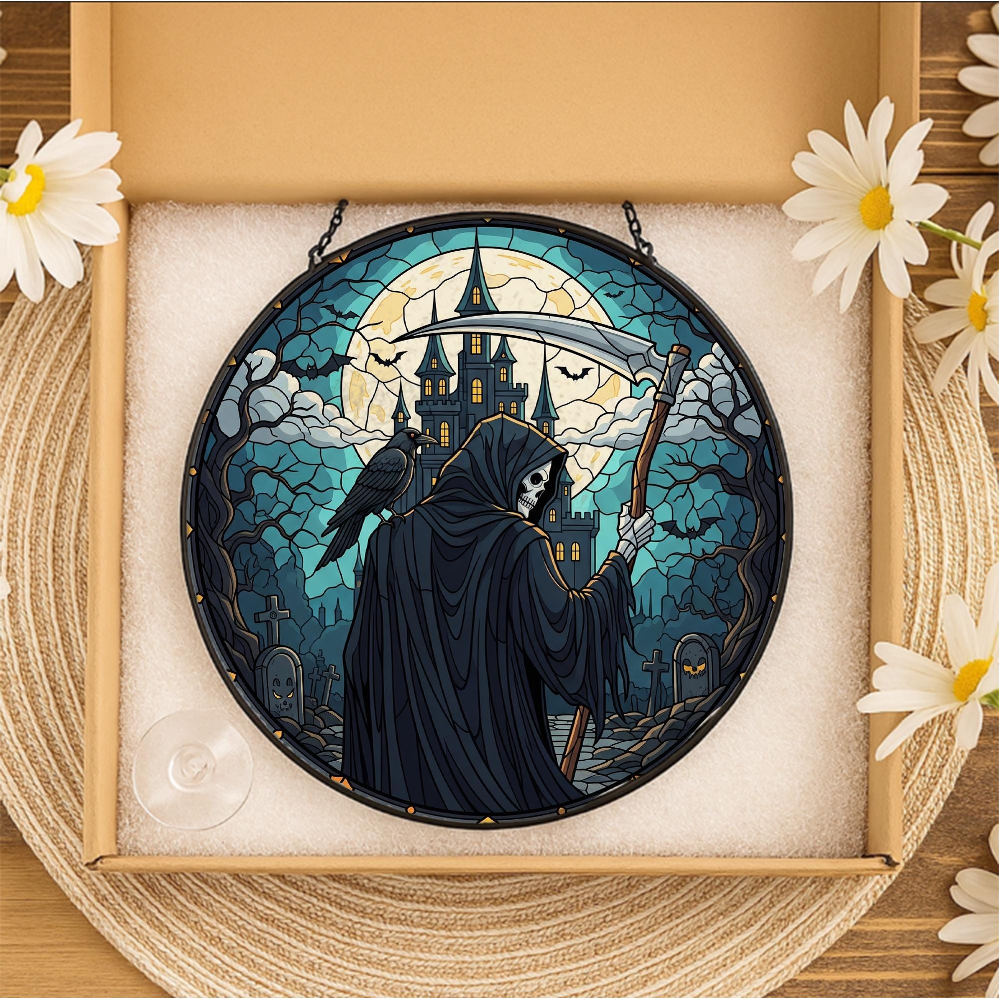 Grim Reaper Stained Glass Suncatcher, Halloween Decor Window Hanging, Gothic Home Art, Spooky Castle & Moon Design
