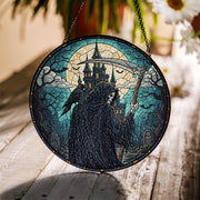 Grim Reaper Stained Glass Suncatcher, Halloween Decor Window Hanging, Gothic Home Art, Spooky Castle & Moon Design