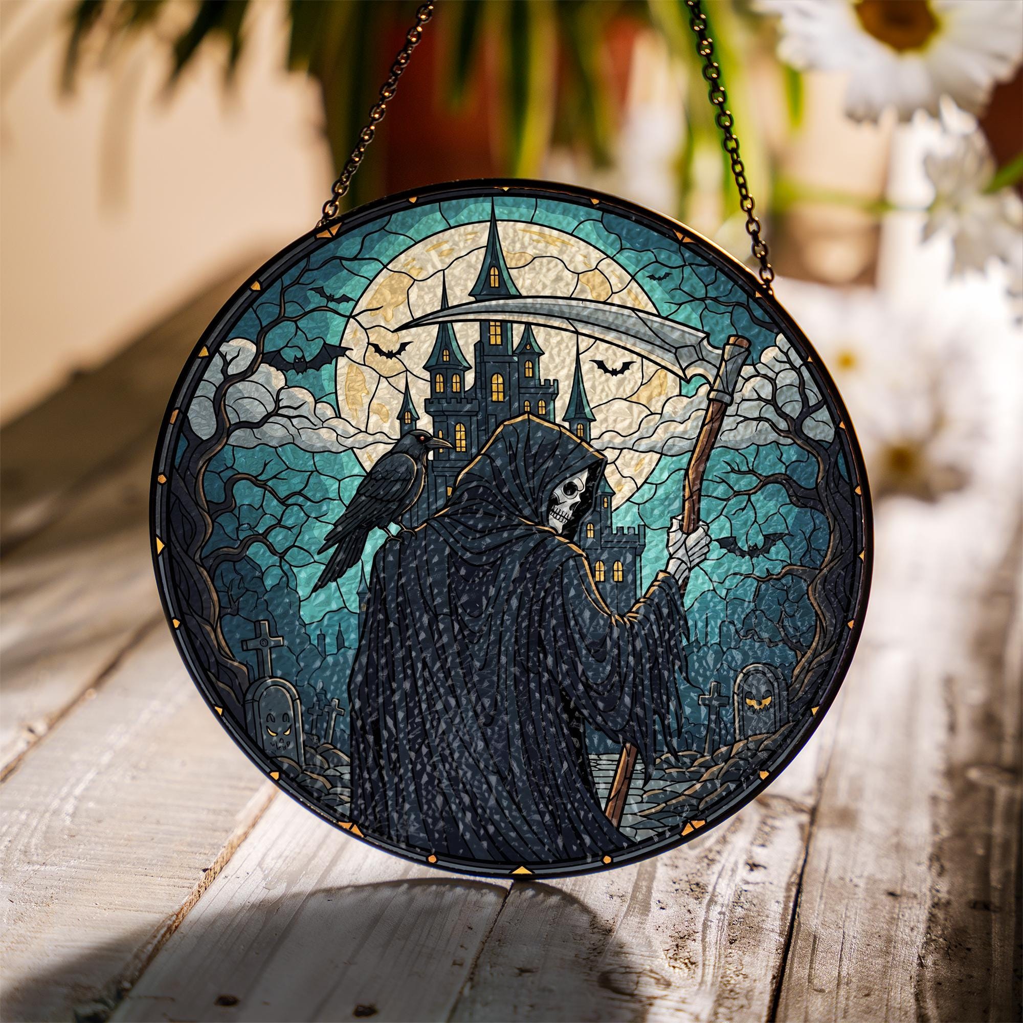 Grim Reaper Stained Glass Suncatcher, Halloween Decor Window Hanging, Gothic Home Art, Spooky Castle & Moon Design
