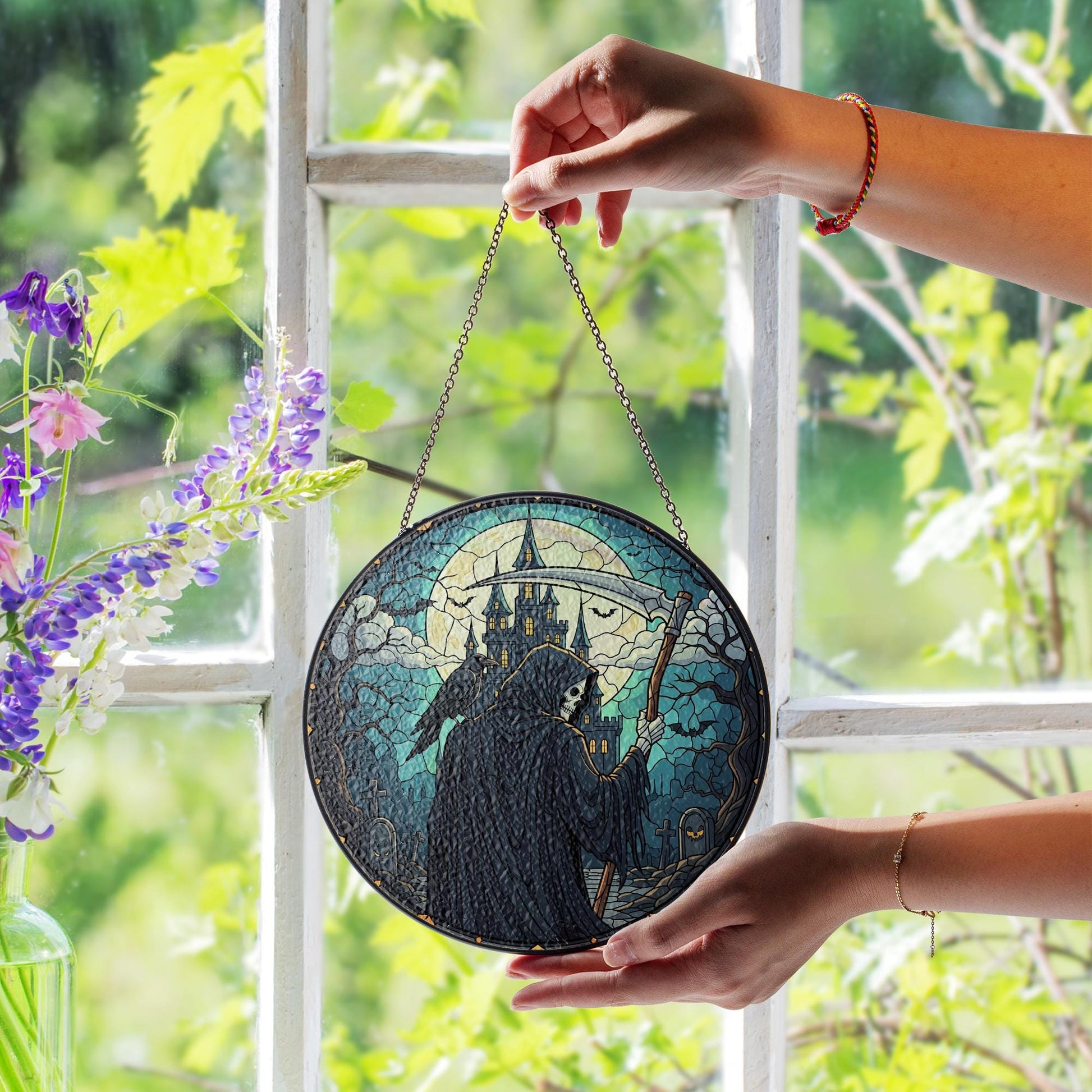 Grim Reaper Stained Glass Suncatcher, Halloween Decor Window Hanging, Gothic Home Art, Spooky Castle & Moon Design