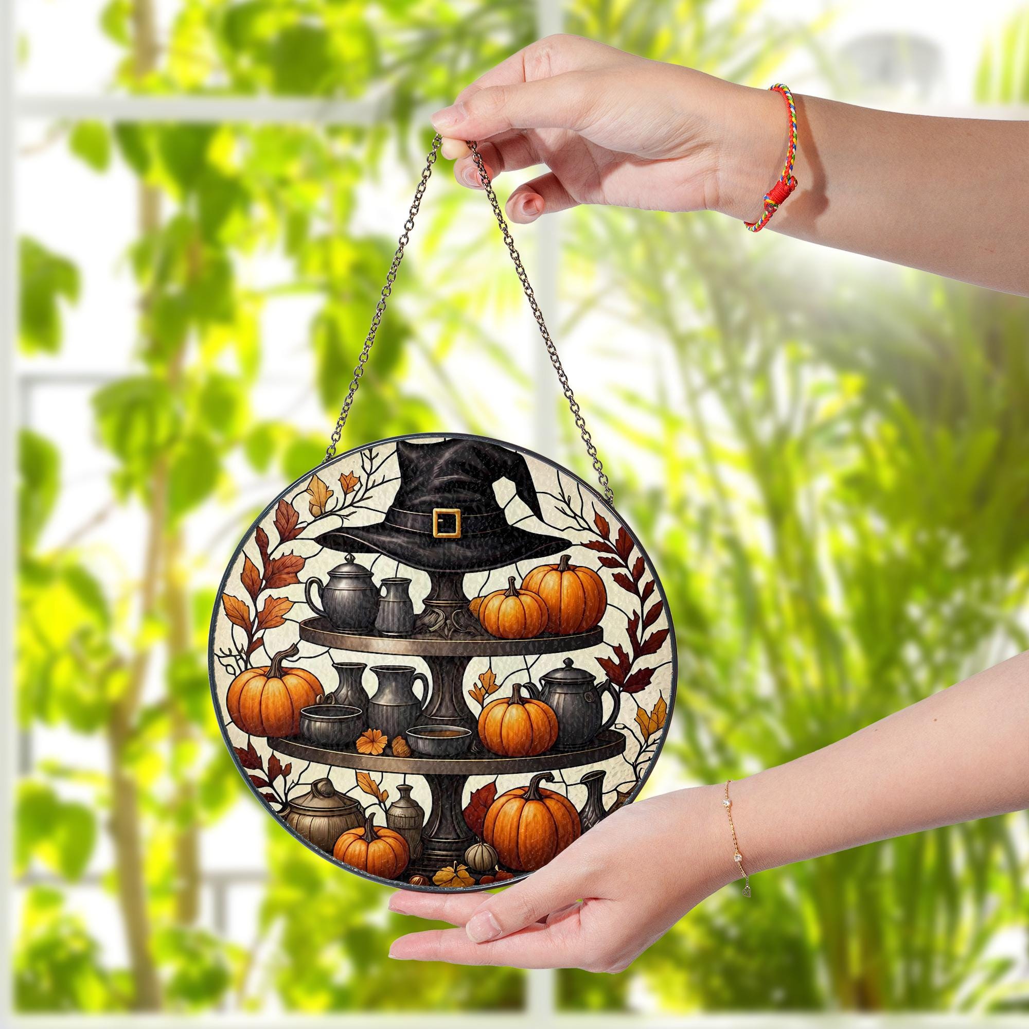 Halloween Stained Glass Suncatcher, Witch Hat & Pumpkin Tiered Tray, Fall Window Decor, Autumn Home Art
