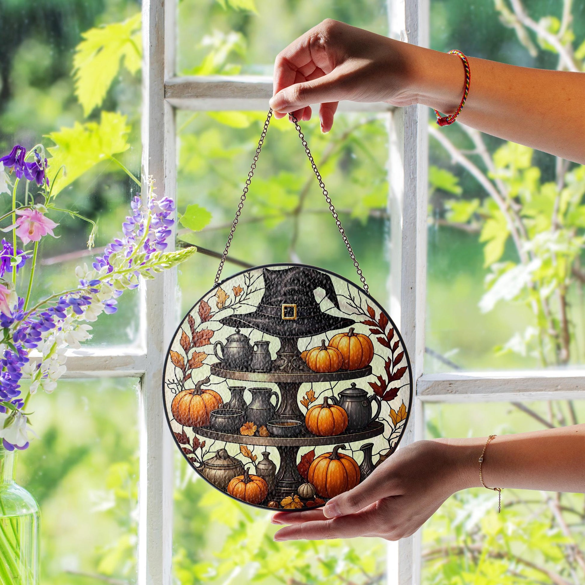Halloween Stained Glass Suncatcher, Witch Hat & Pumpkin Tiered Tray, Fall Window Decor, Autumn Home Art