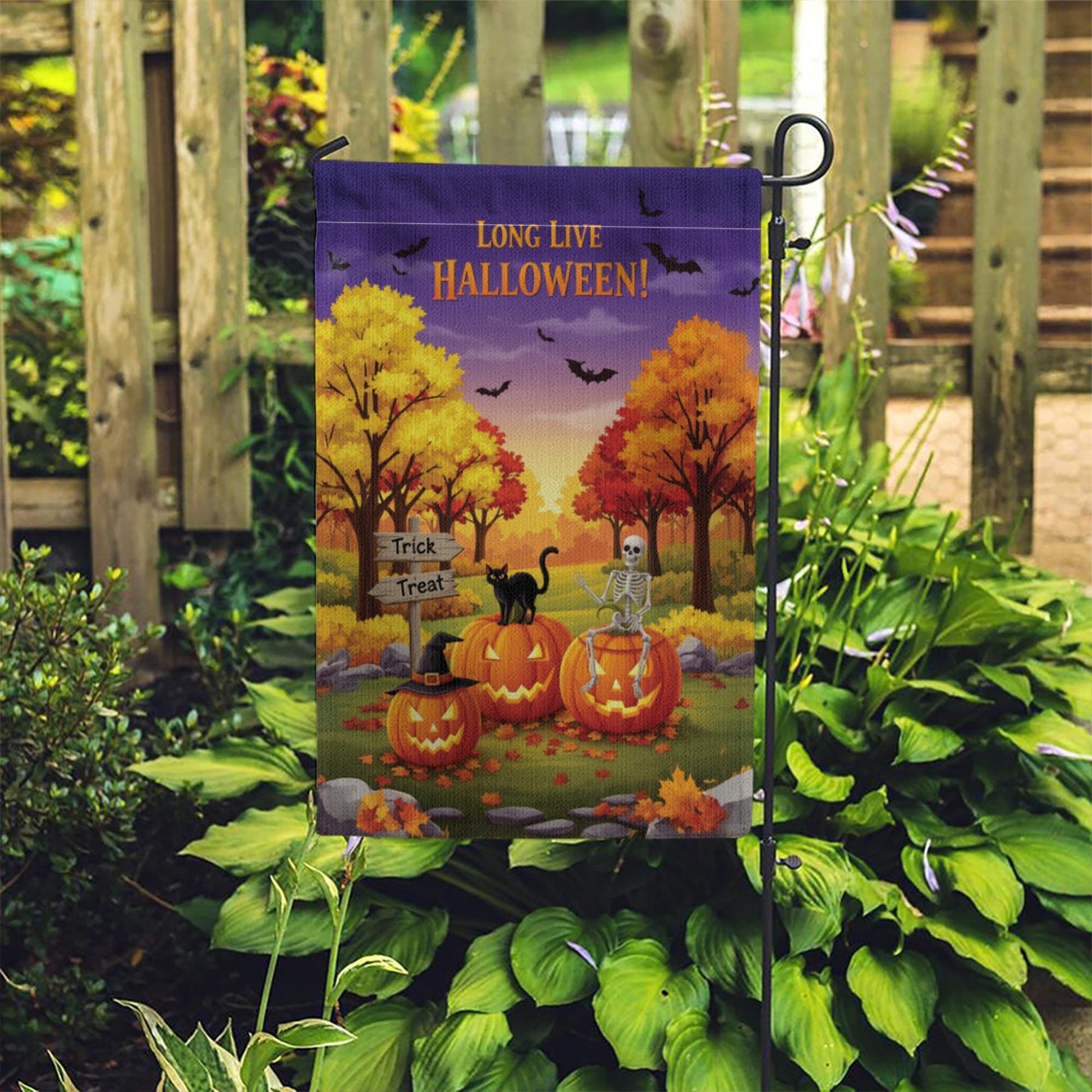 Long Live Halloween Garden Flag – Fall Pumpkin Skeleton Cat Yard Decor, Trick or Treat Outdoor Banner for Spooky Season Lovers