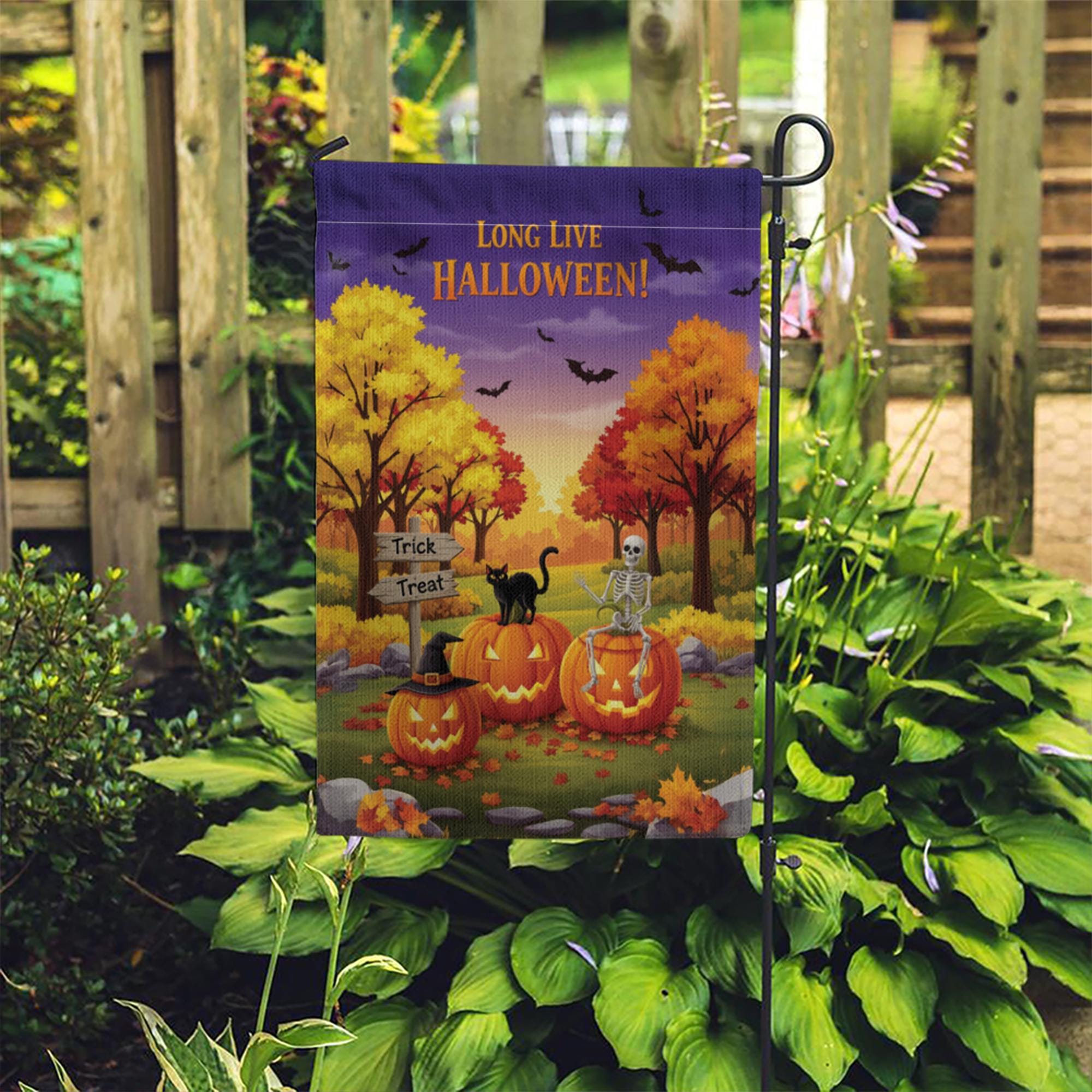 Long Live Halloween Garden Flag – Fall Pumpkin Skeleton Cat Yard Decor, Trick or Treat Outdoor Banner for Spooky Season Lovers