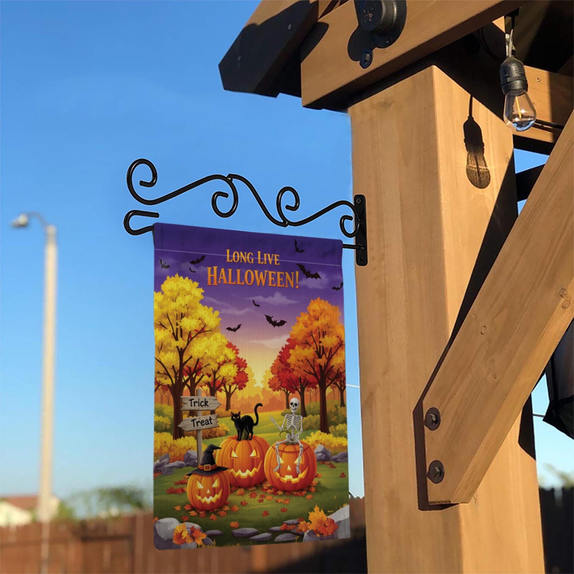 Long Live Halloween Garden Flag – Fall Pumpkin Skeleton Cat Yard Decor, Trick or Treat Outdoor Banner for Spooky Season Lovers