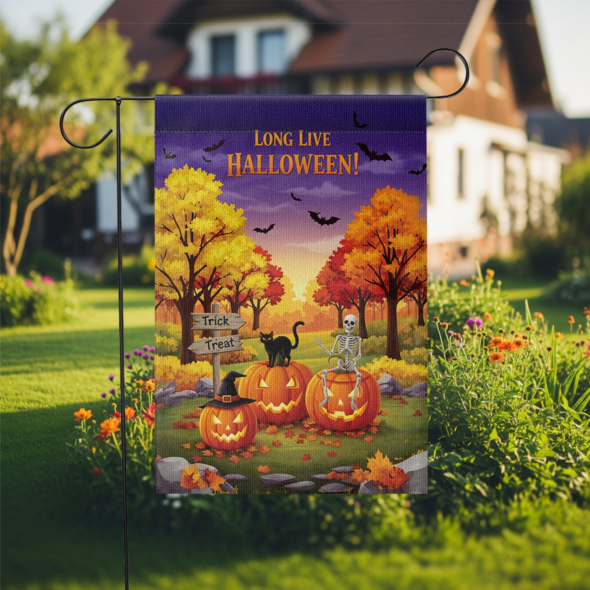 Long Live Halloween Garden Flag – Fall Pumpkin Skeleton Cat Yard Decor, Trick or Treat Outdoor Banner for Spooky Season Lovers