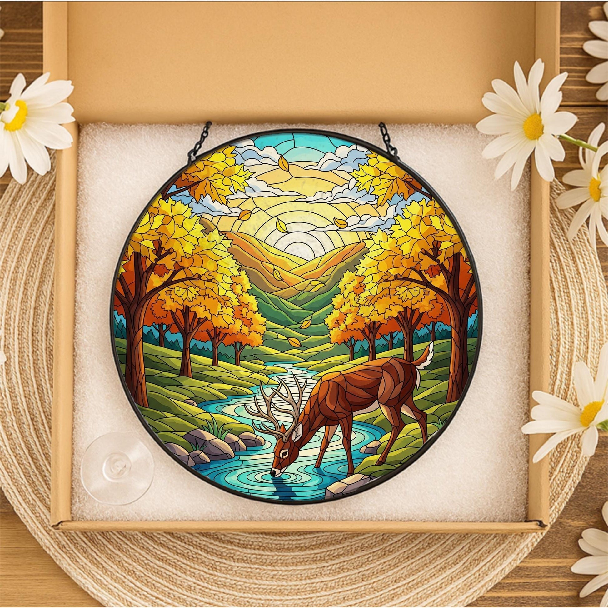 Majestic Deer Forest River Stained Glass Suncatcher, Nature Lover Window Hanging, Autumn Landscape Art