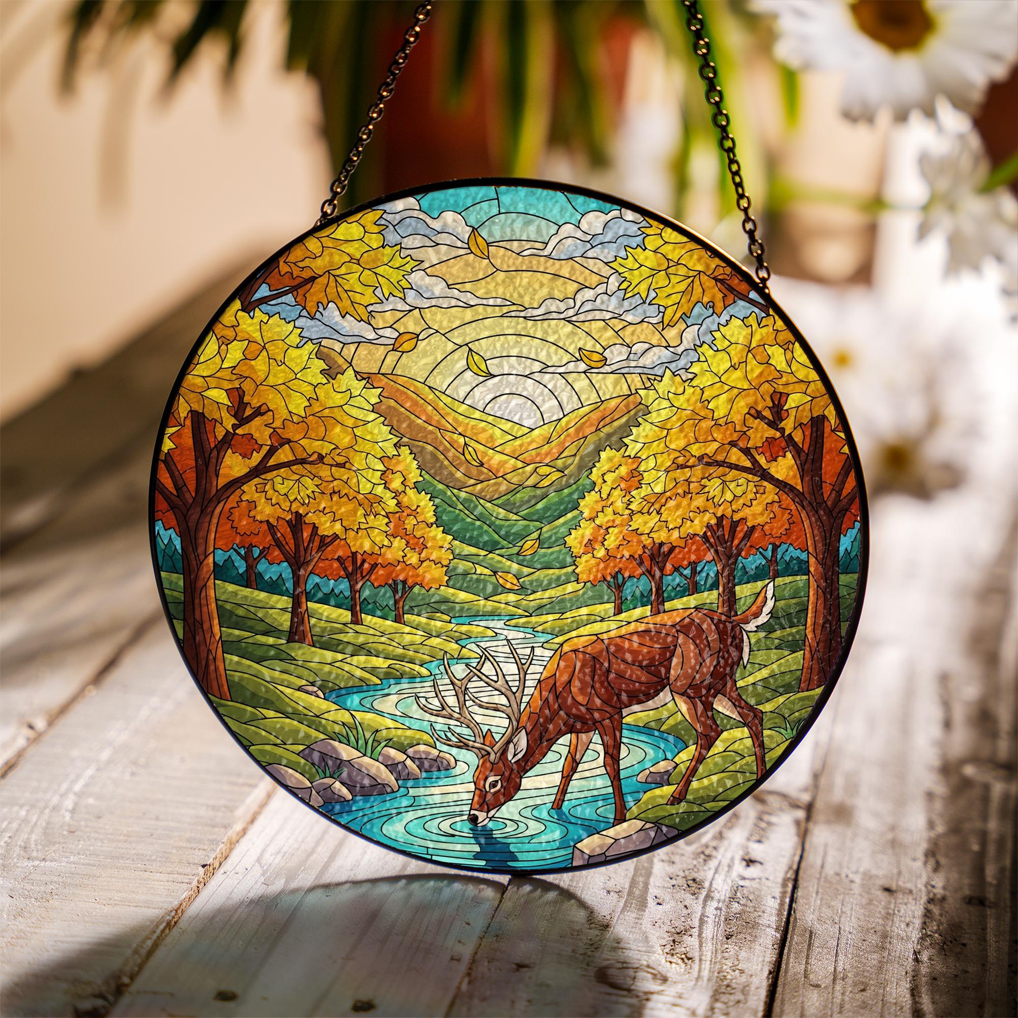Majestic Deer Forest River Stained Glass Suncatcher, Nature Lover Window Hanging, Autumn Landscape Art