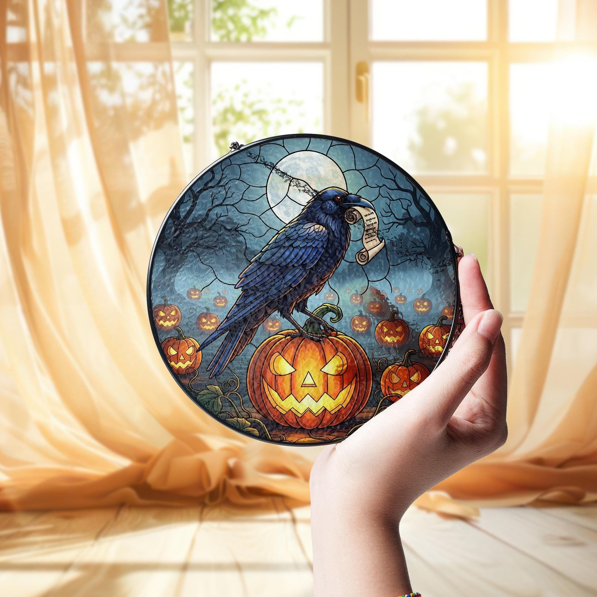 Halloween Raven Suncatcher – Stained Glass Style Window Hanging with Pumpkin & Moon Decor