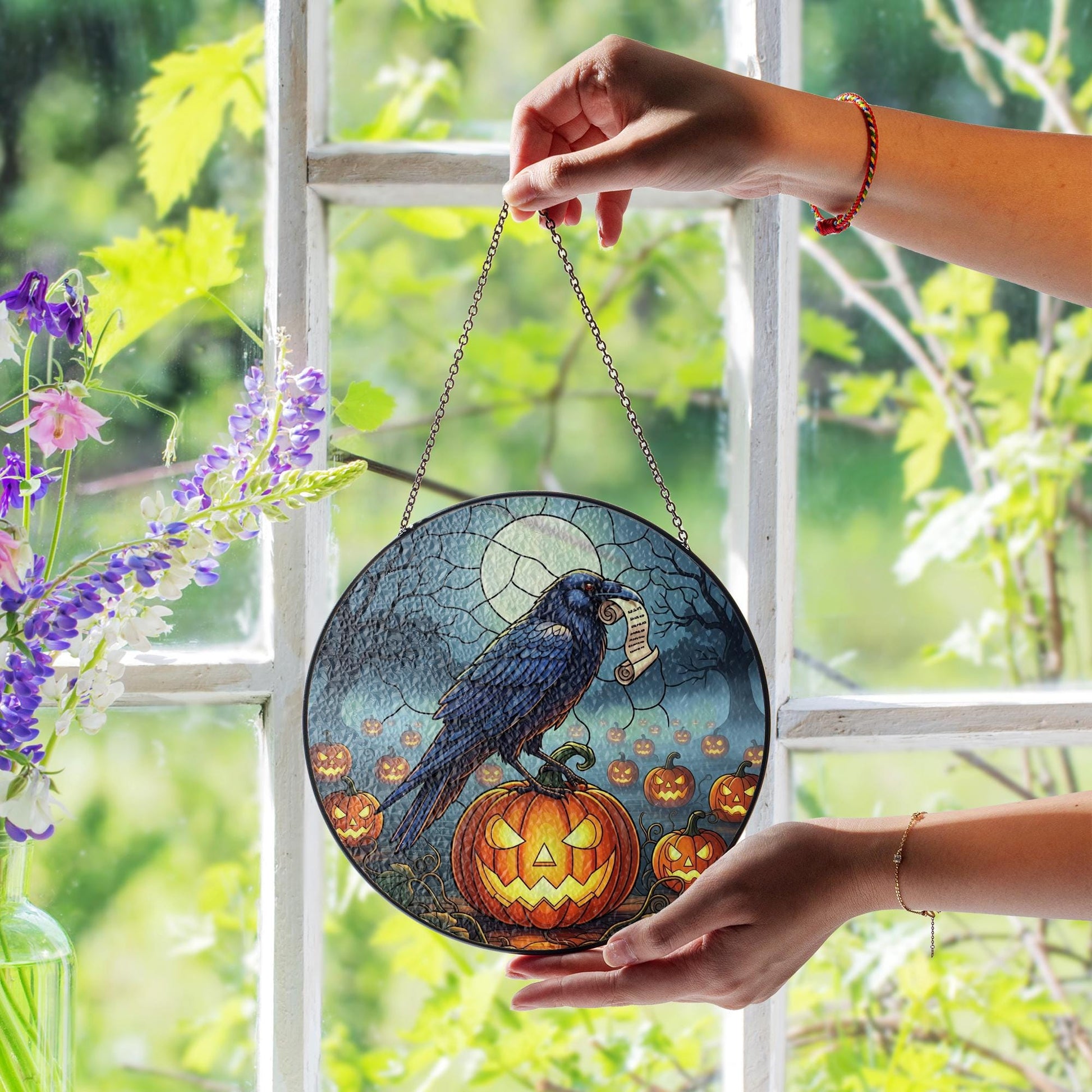 Halloween Raven Suncatcher – Stained Glass Style Window Hanging with Pumpkin & Moon Decor