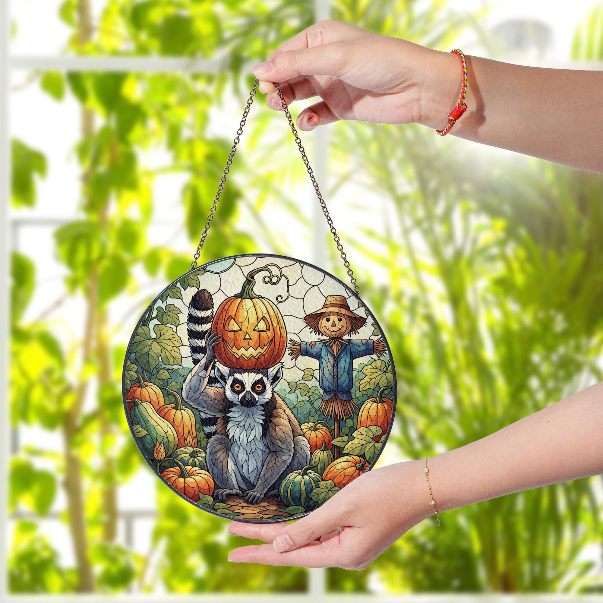 Lemur Pumpkin Halloween Stained Glass Suncatcher, Fall Window Decor, Scarecrow Autumn Art, Unique Animal Gif