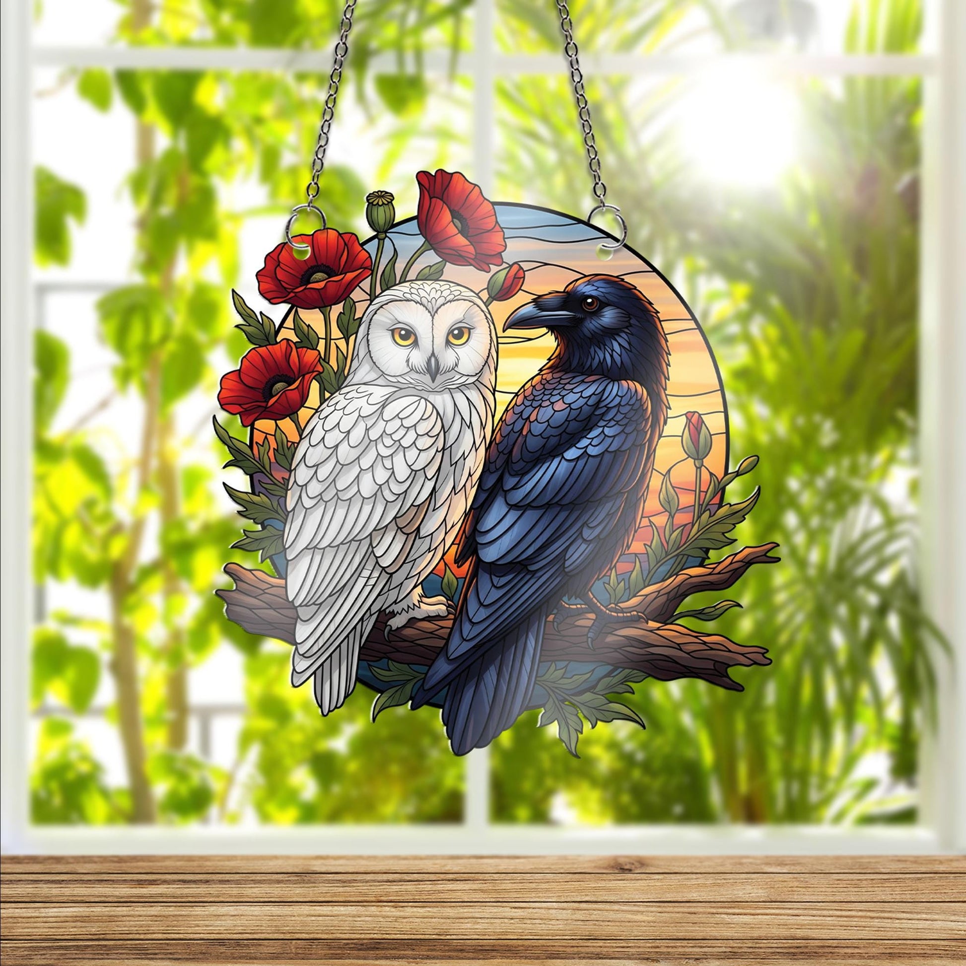 Raven and Owl Sunset Faux Stained Glass Window Hanging – Gothic Bird Suncatcher Decor, Nature Gothic Boho Wall Art Gift