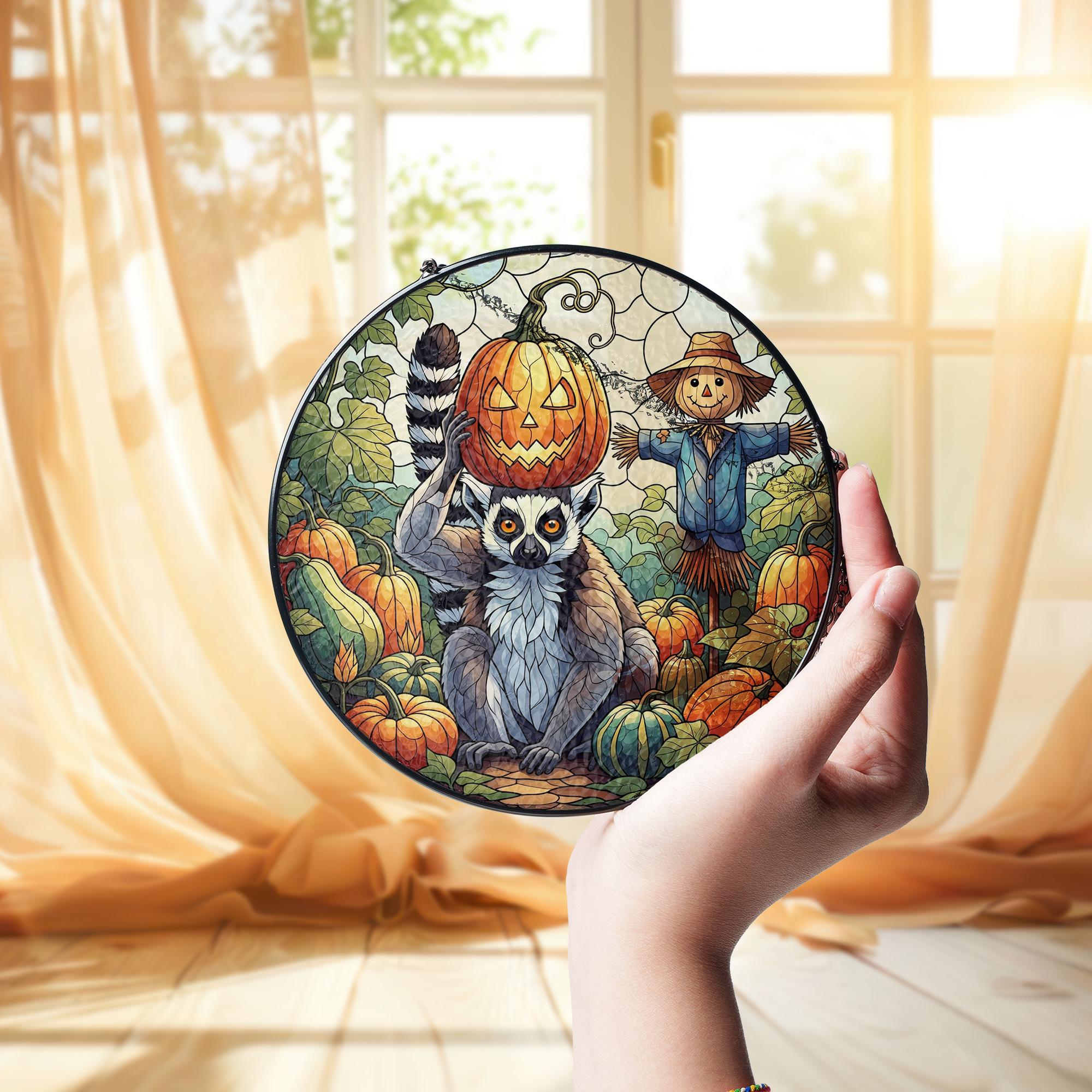 Lemur Pumpkin Halloween Stained Glass Suncatcher, Fall Window Decor, Scarecrow Autumn Art, Unique Animal Gif
