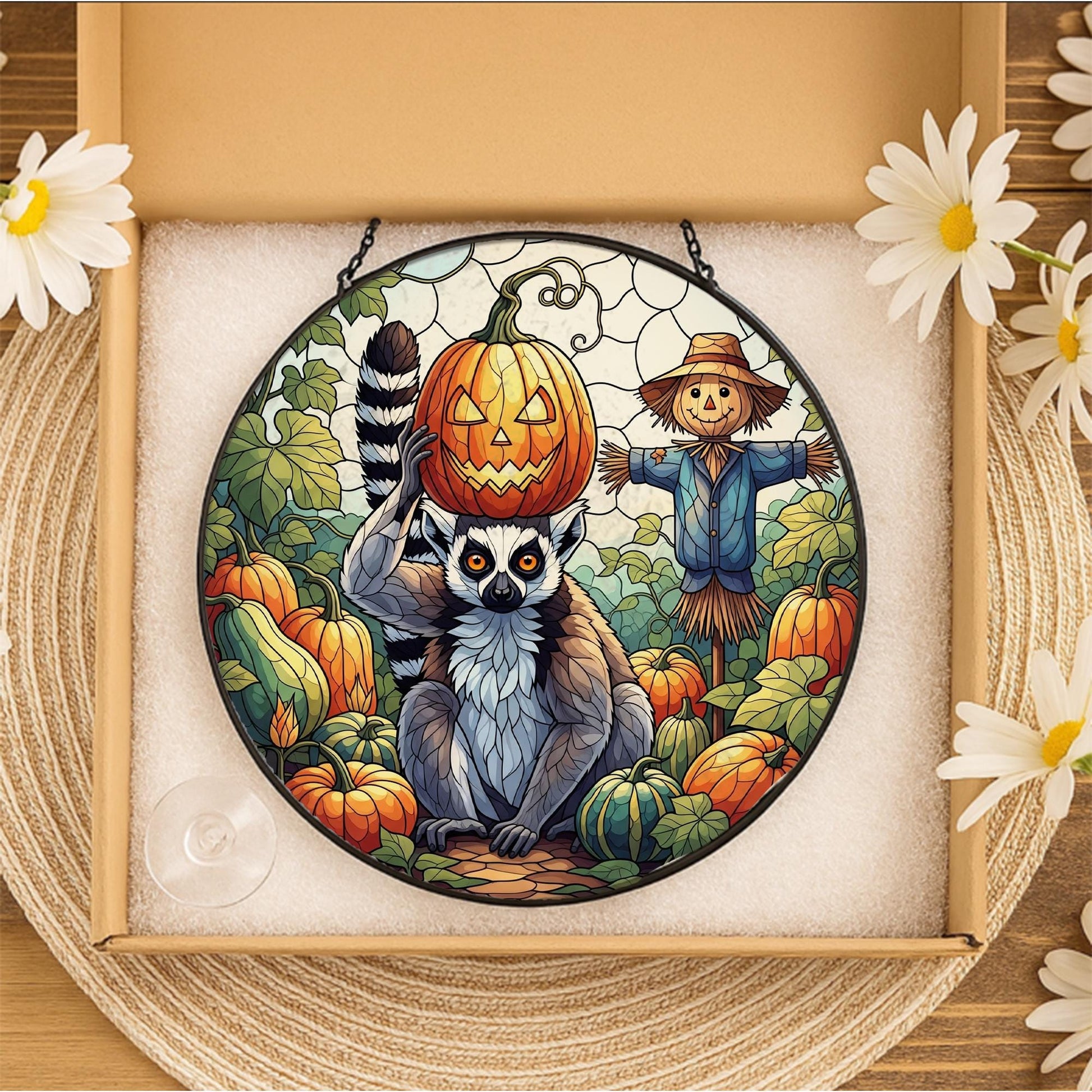 Lemur Pumpkin Halloween Stained Glass Suncatcher, Fall Window Decor, Scarecrow Autumn Art, Unique Animal Gif