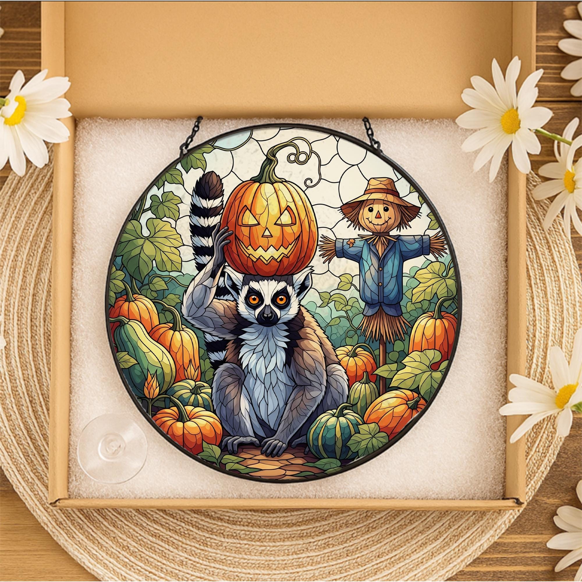 Lemur Pumpkin Halloween Stained Glass Suncatcher, Fall Window Decor, Scarecrow Autumn Art, Unique Animal Gif