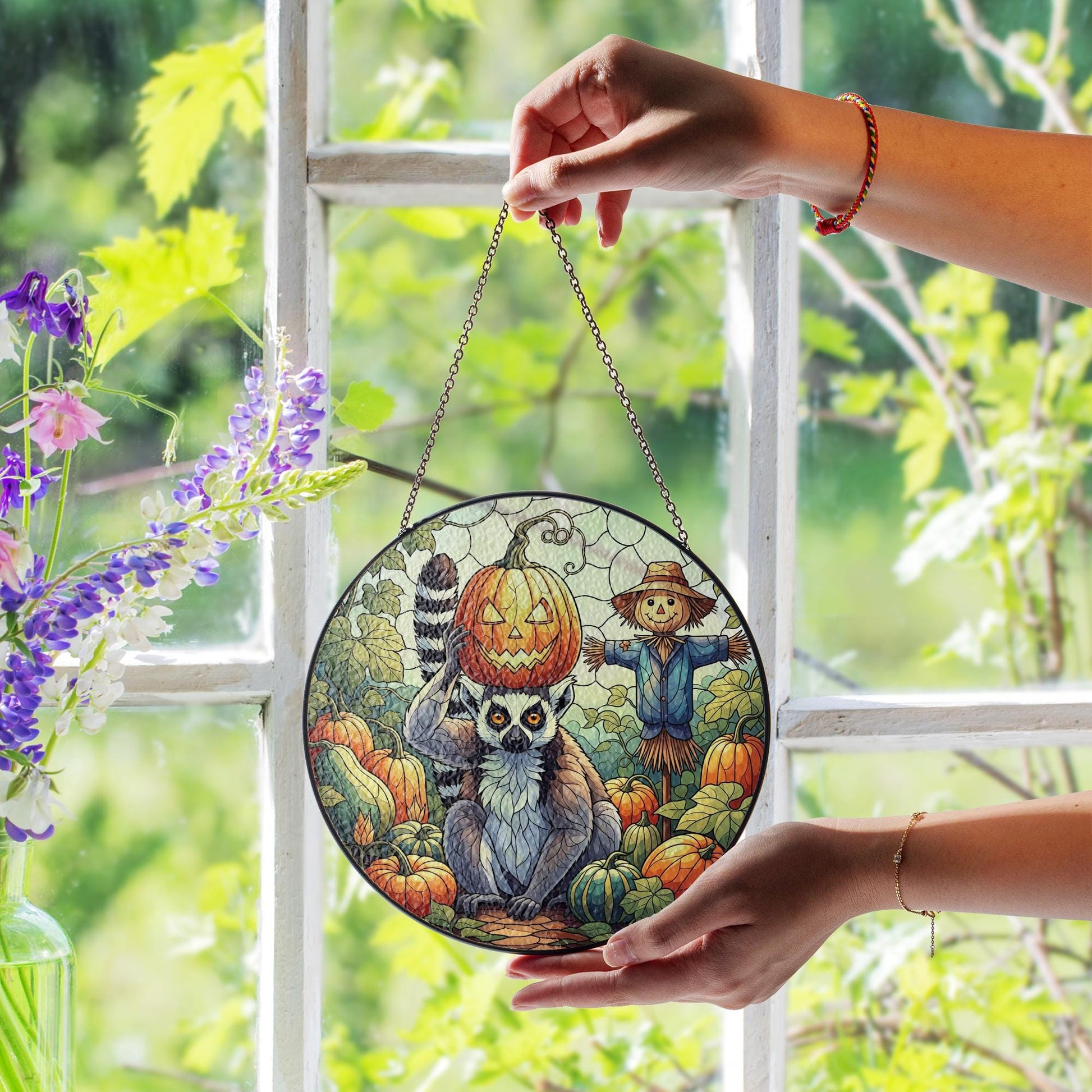 Lemur Pumpkin Halloween Stained Glass Suncatcher, Fall Window Decor, Scarecrow Autumn Art, Unique Animal Gif