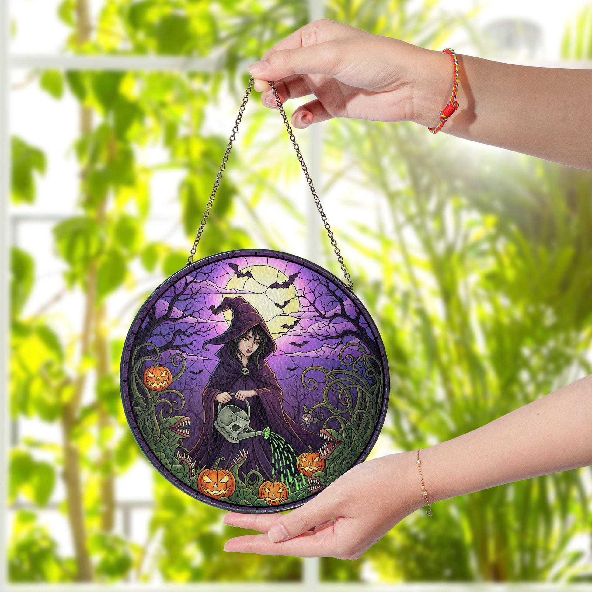 Halloween Witch Suncatcher – Gothic Stained Glass Style Window Hanging with Pumpkins & Moon