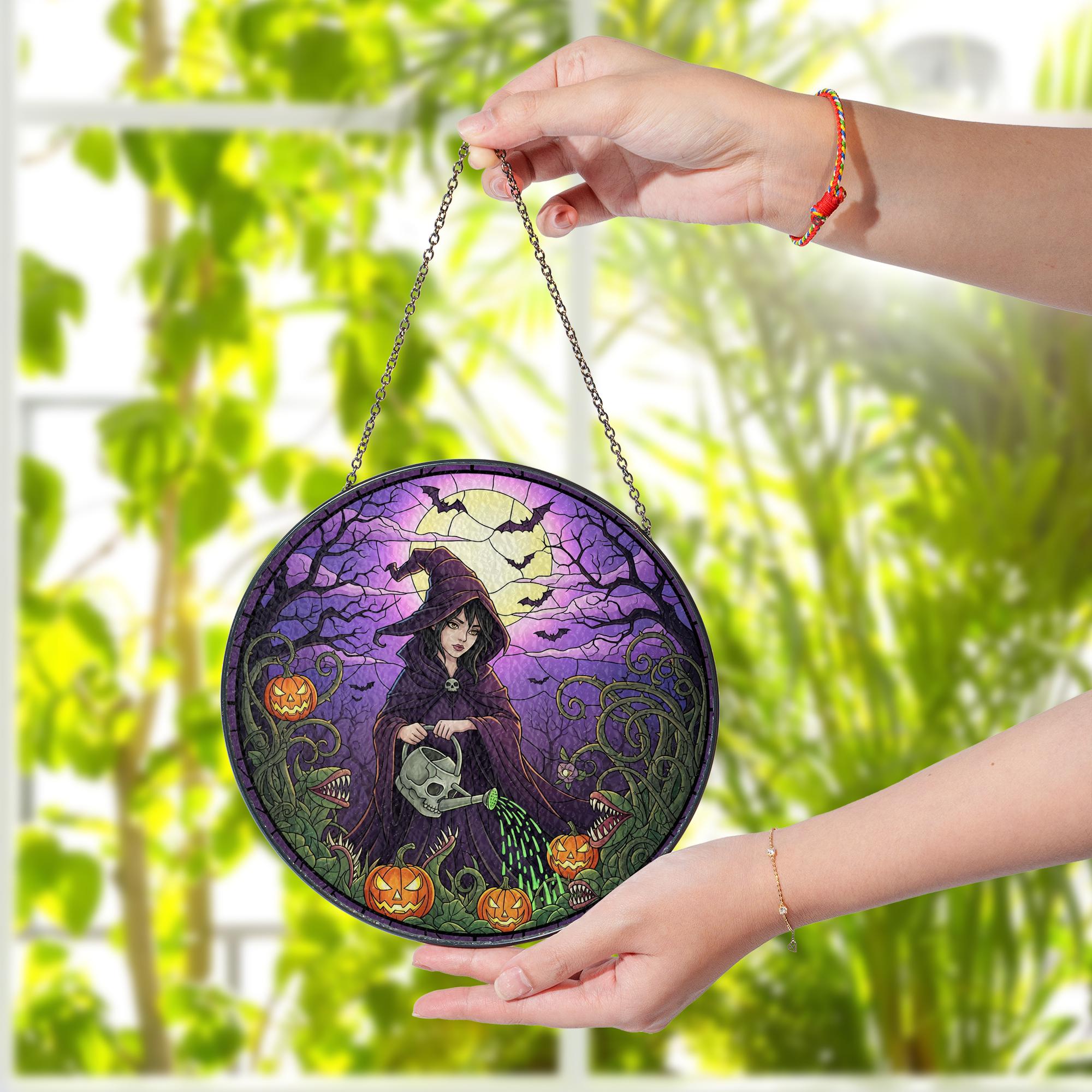 Halloween Witch Suncatcher – Gothic Stained Glass Style Window Hanging with Pumpkins & Moon