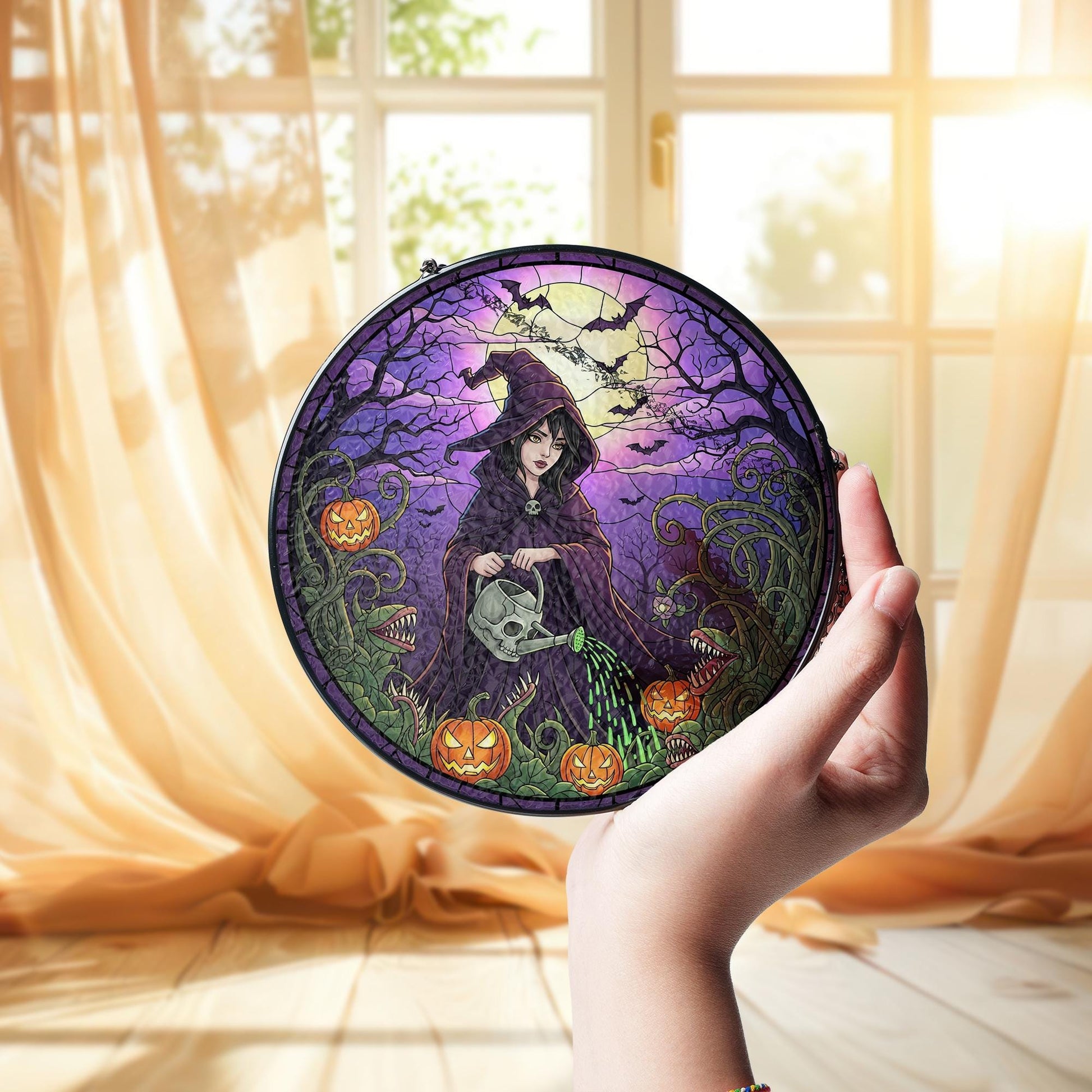 Halloween Witch Suncatcher – Gothic Stained Glass Style Window Hanging with Pumpkins & Moon