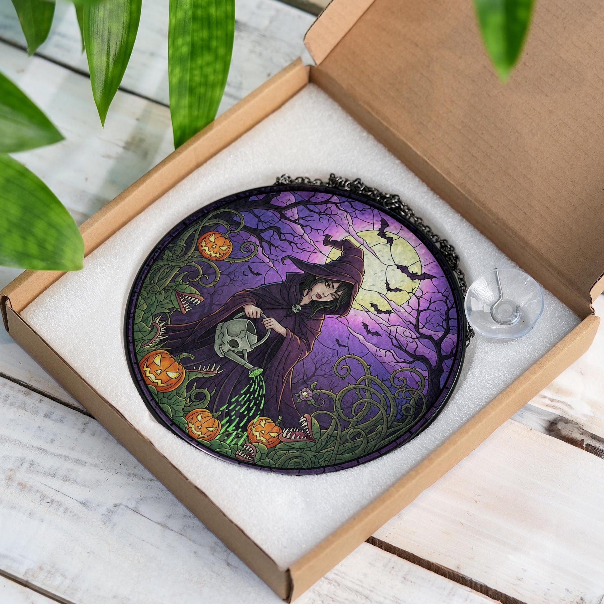 Halloween Witch Suncatcher – Gothic Stained Glass Style Window Hanging with Pumpkins & Moon