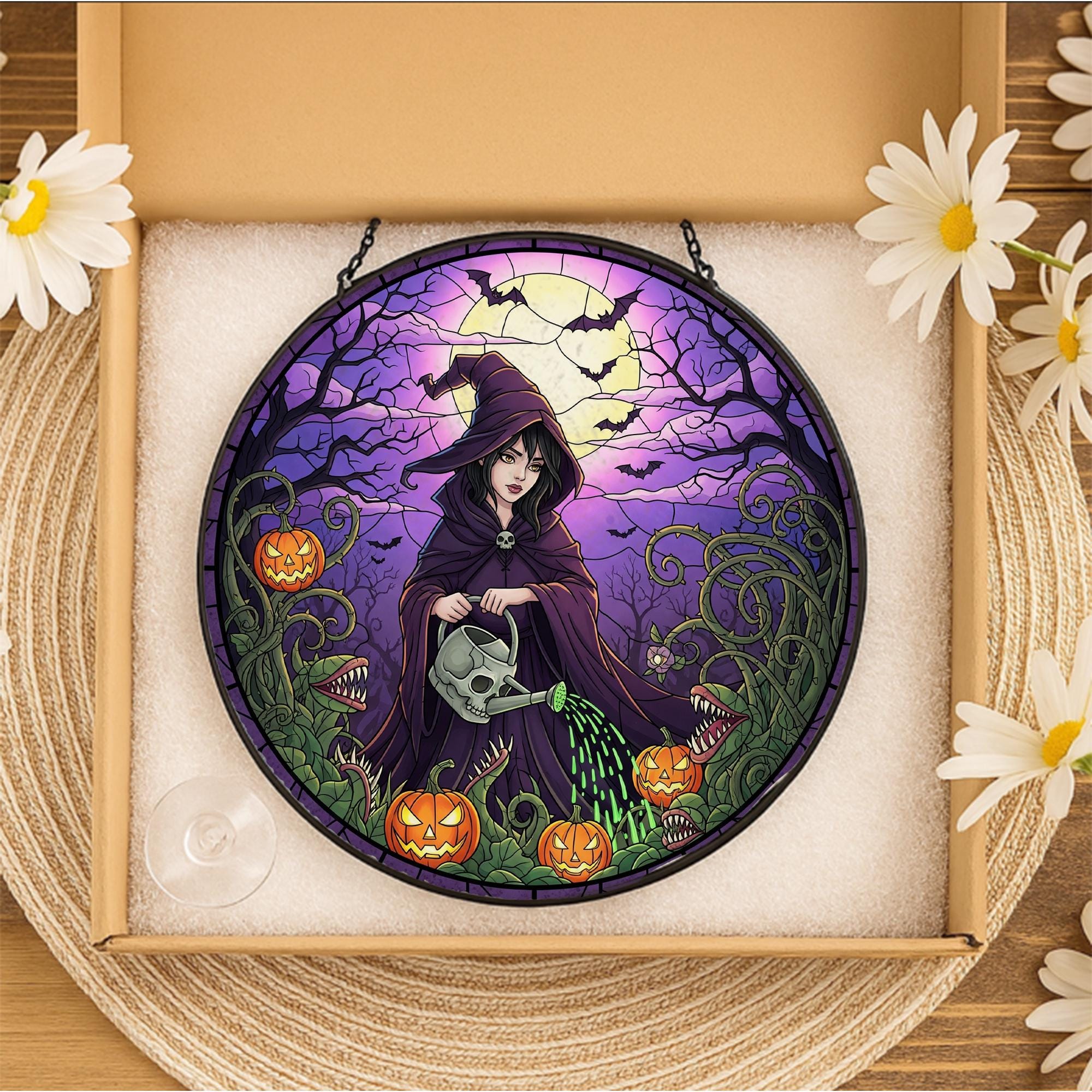 Halloween Witch Suncatcher – Gothic Stained Glass Style Window Hanging with Pumpkins & Moon