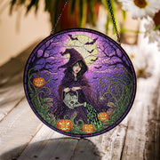 Halloween Witch Suncatcher – Gothic Stained Glass Style Window Hanging with Pumpkins & Moon