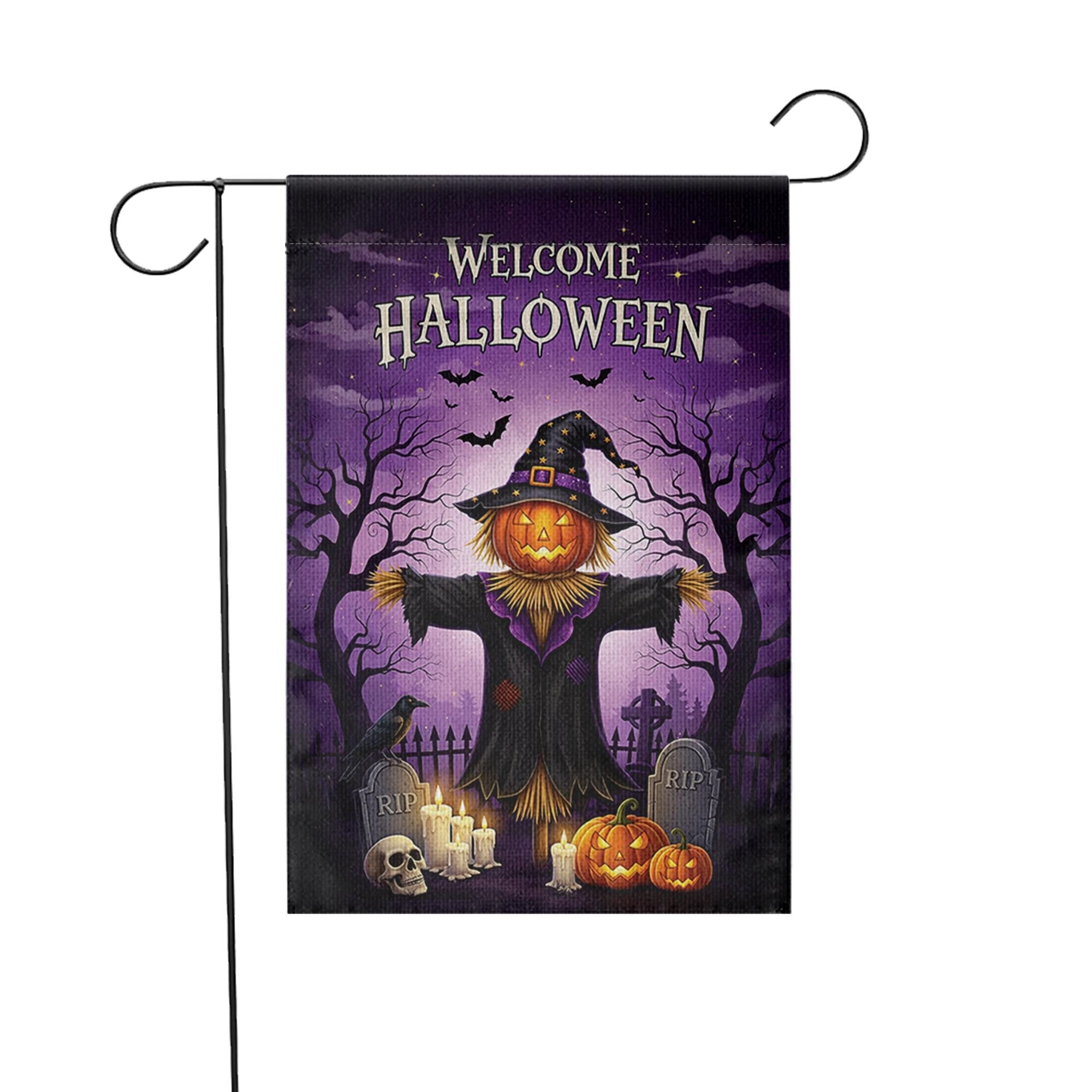 Welcome Halloween Garden Flag, Spooky Scarecrow Yard Decor, Outdoor Fall Banner, Trick or Treat Decoration
