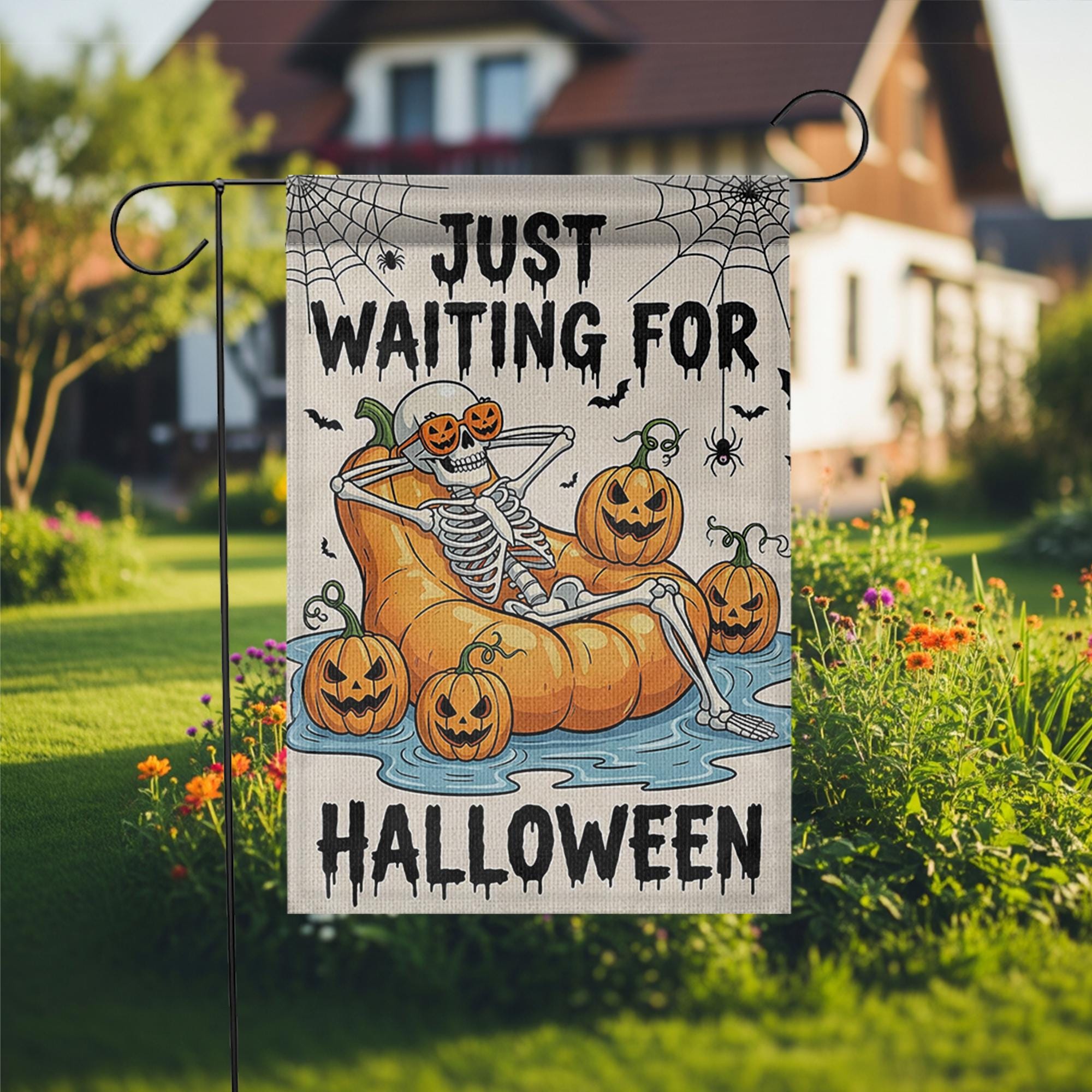 Just Waiting For Halloween Garden Flag, Funny Skeleton Pumpkin Decor, Spooky Yard Banner, Outdoor Fall Decoration