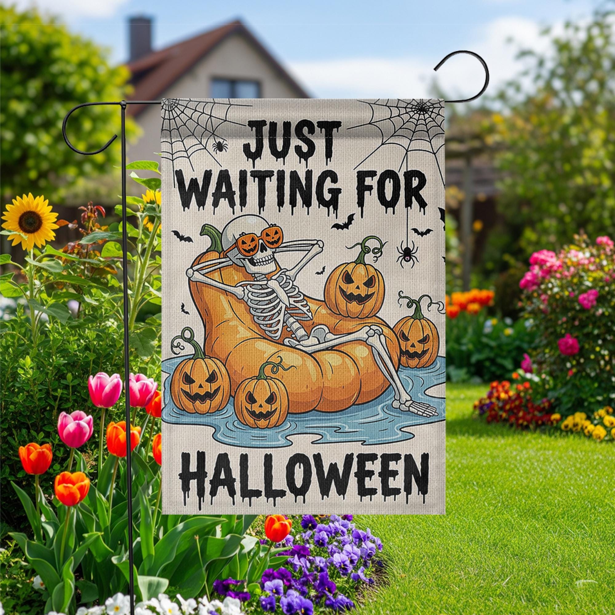 Just Waiting For Halloween Garden Flag, Funny Skeleton Pumpkin Decor, Spooky Yard Banner, Outdoor Fall Decoration