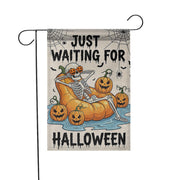 Just Waiting For Halloween Garden Flag, Funny Skeleton Pumpkin Decor, Spooky Yard Banner, Outdoor Fall Decoration