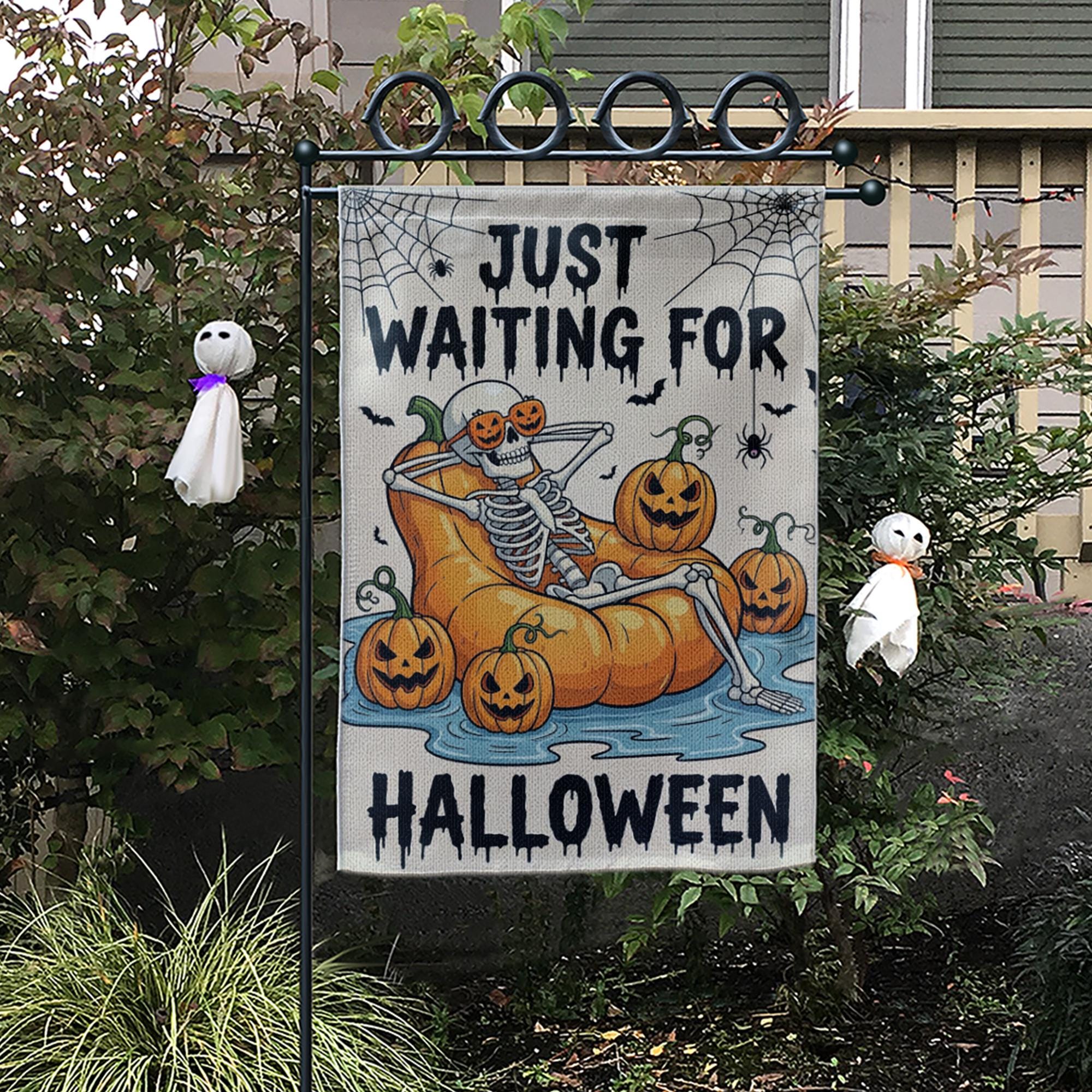 Just Waiting For Halloween Garden Flag, Funny Skeleton Pumpkin Decor, Spooky Yard Banner, Outdoor Fall Decoration