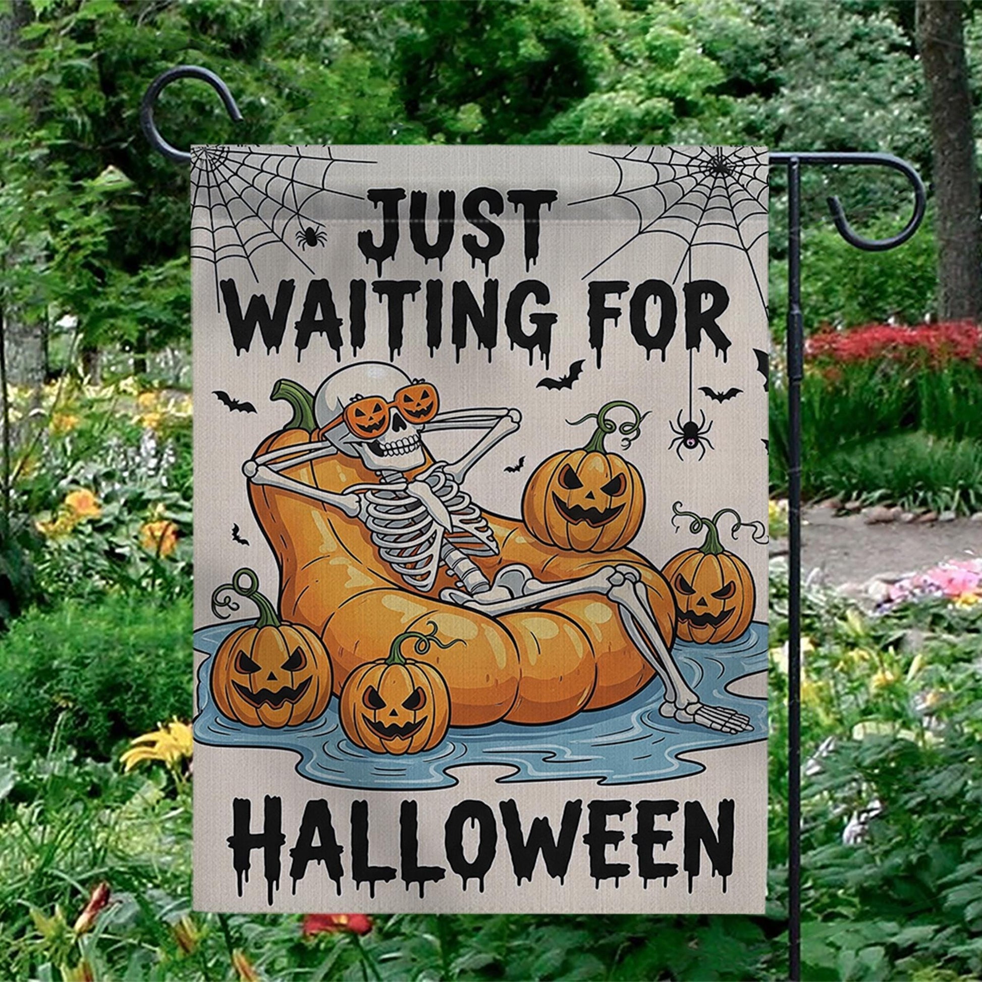 Just Waiting For Halloween Garden Flag, Funny Skeleton Pumpkin Decor, Spooky Yard Banner, Outdoor Fall Decoration