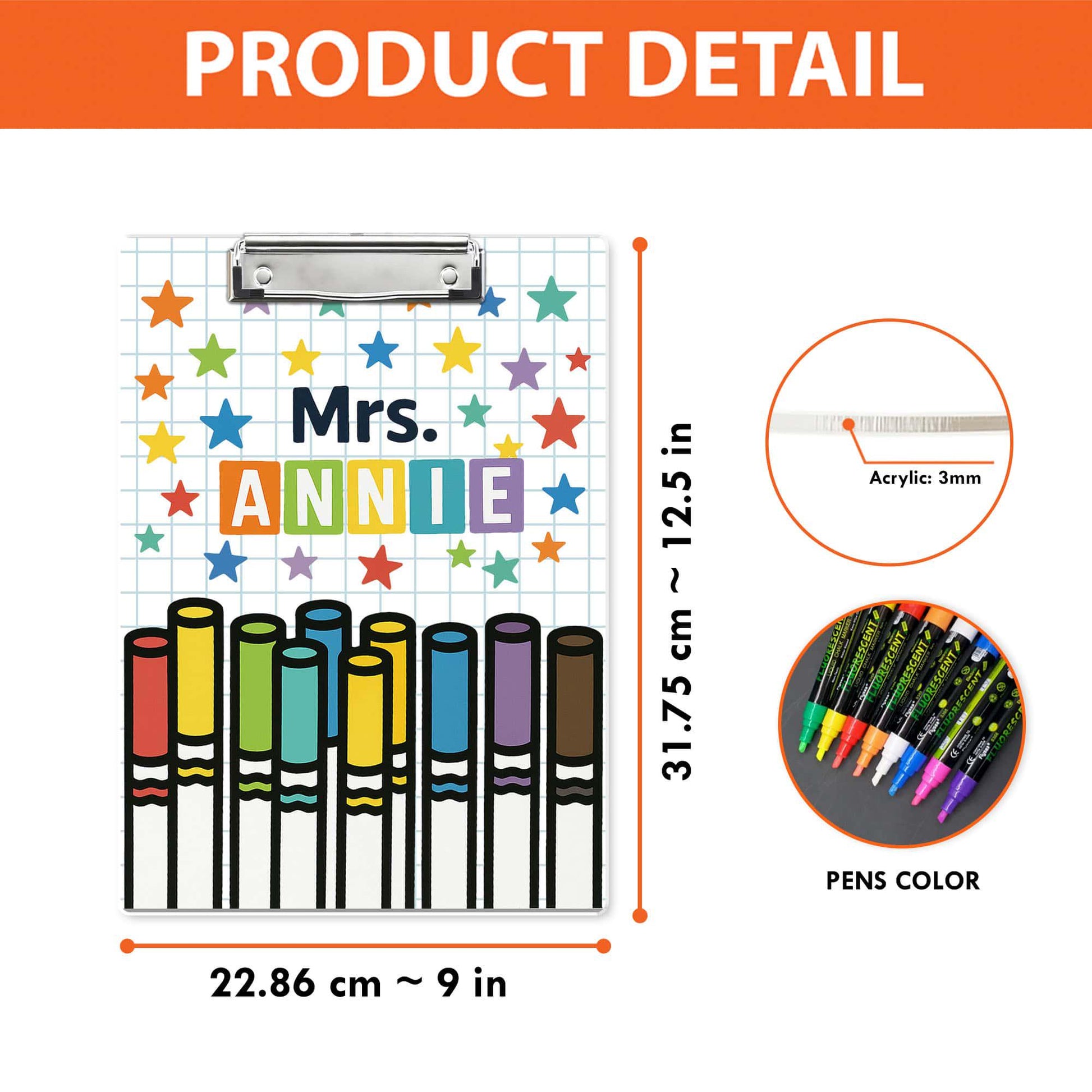 Personalized Acrylic Clipboard for Teachers - Colorful Marker and Star Design, Custom Name Gift, Fun Back to School Teacher Accessory