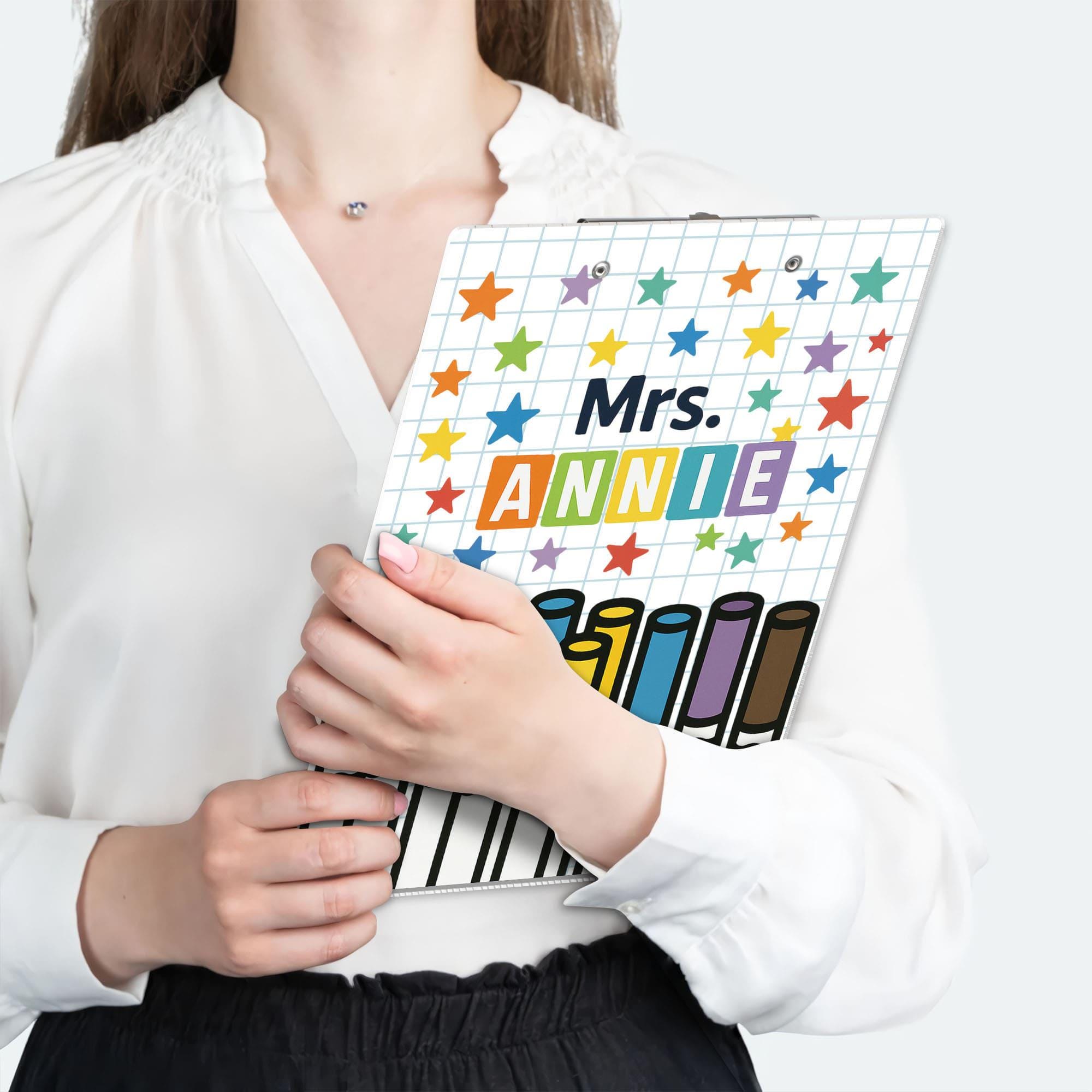 Personalized Acrylic Clipboard for Teachers - Colorful Marker and Star Design, Custom Name Gift, Fun Back to School Teacher Accessory